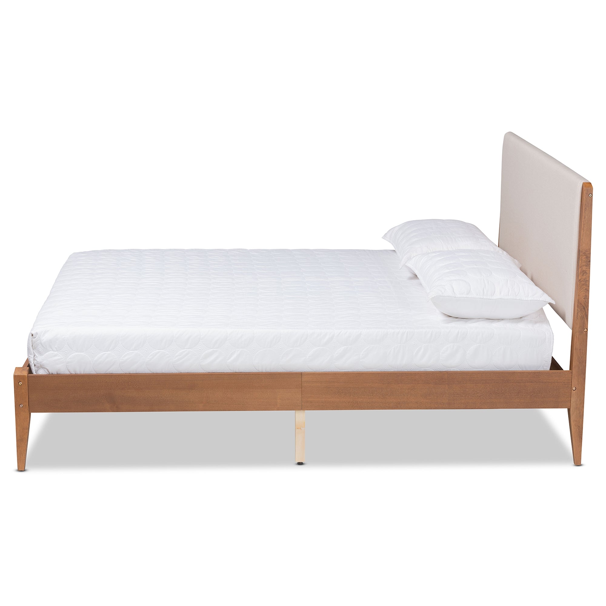 Baxton Studio Lenora Mid-Century Modern Beige Fabric Upholstered and Walnut Brown Finished Wood Queen Size Platform Bed