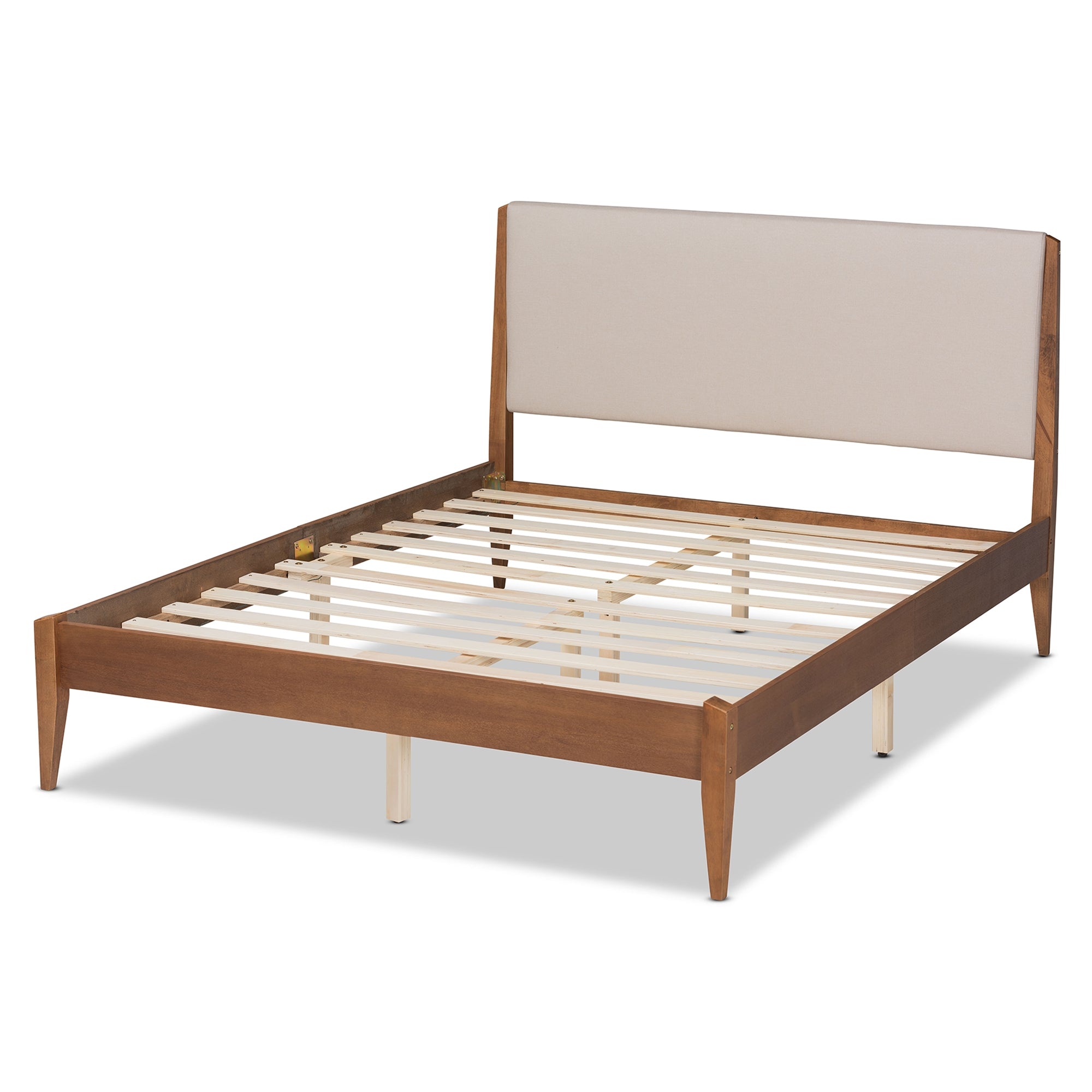 Baxton Studio Lenora Mid-Century Modern Beige Fabric Upholstered and Walnut Brown Finished Wood Full Size Platform Bed