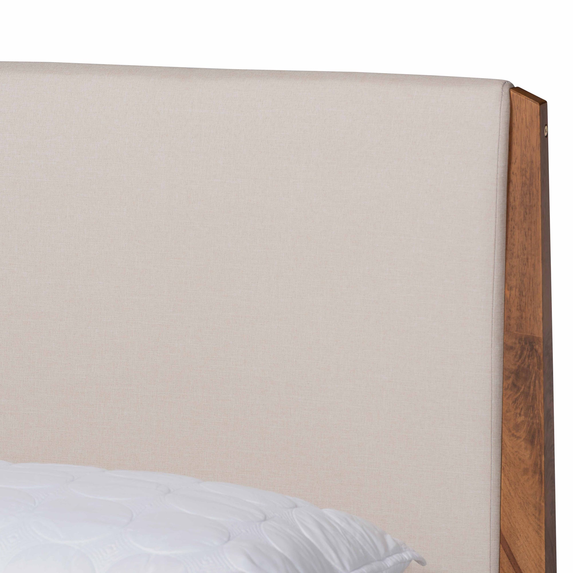 Baxton Studio Lenora Mid-Century Modern Beige Fabric Upholstered and Walnut Brown Finished Wood Full Size Platform Bed