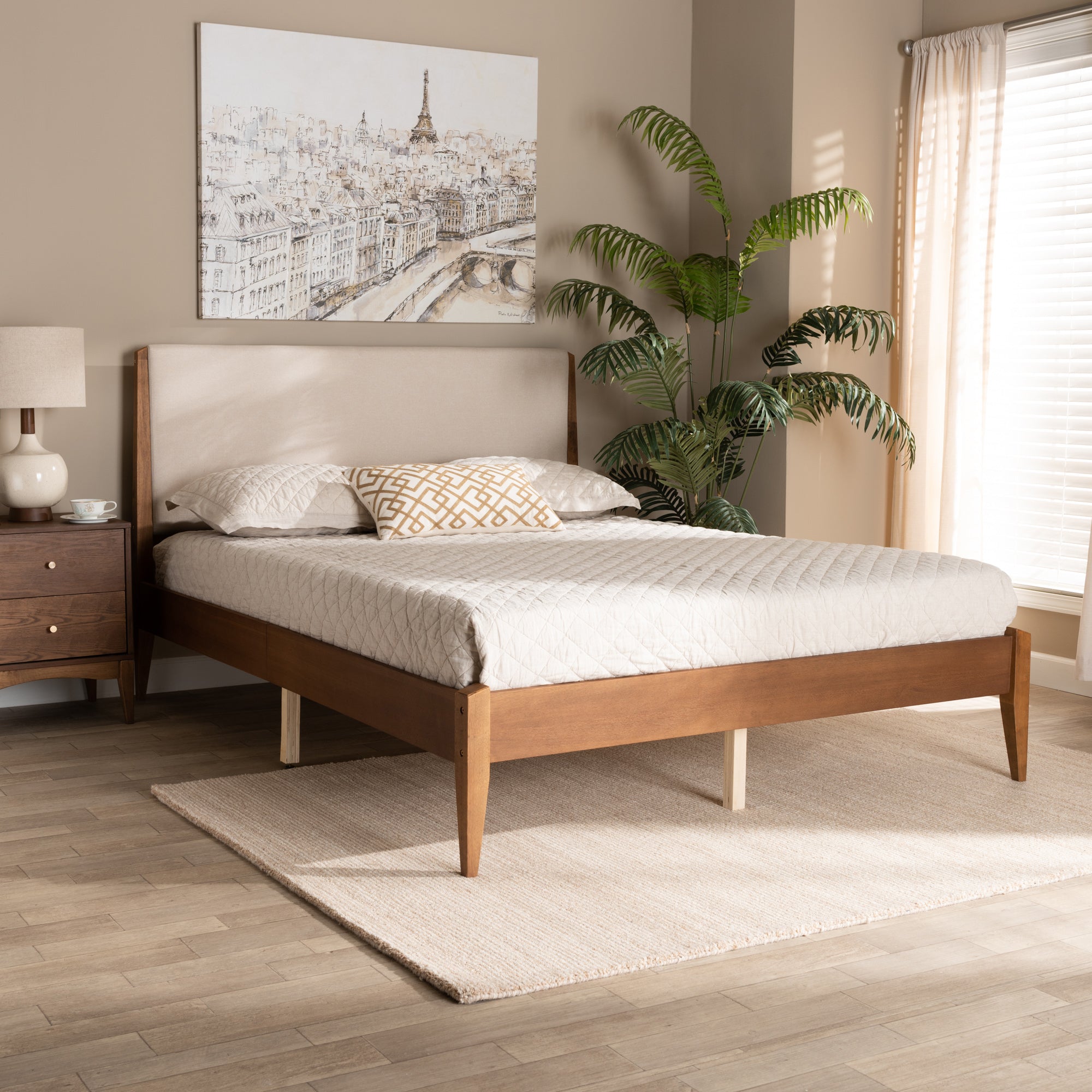 Baxton Studio Lenora Mid-Century Modern Beige Fabric Upholstered and Walnut Brown Finished Wood King Size Platform Bed