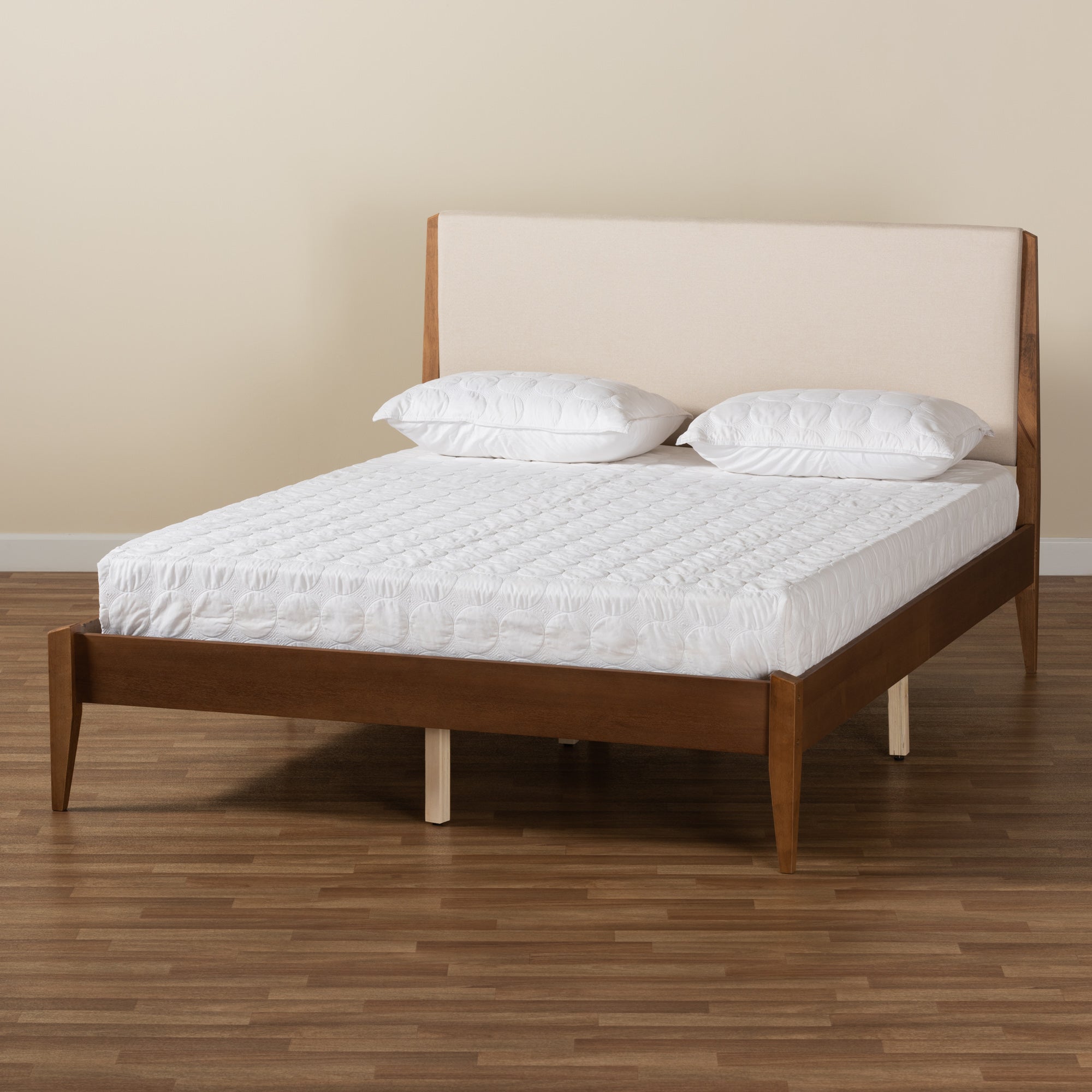 Baxton Studio Lenora Mid-Century Modern Beige Fabric Upholstered and Walnut Brown Finished Wood Full Size Platform Bed