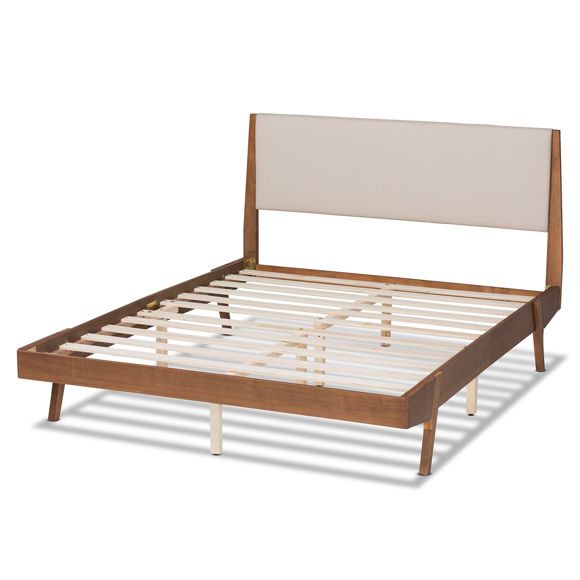 Baxton Studio Senna Mid-Century Modern Beige Fabric Upholstered and Walnut Brown Finished Wood Full Size Platform Bed