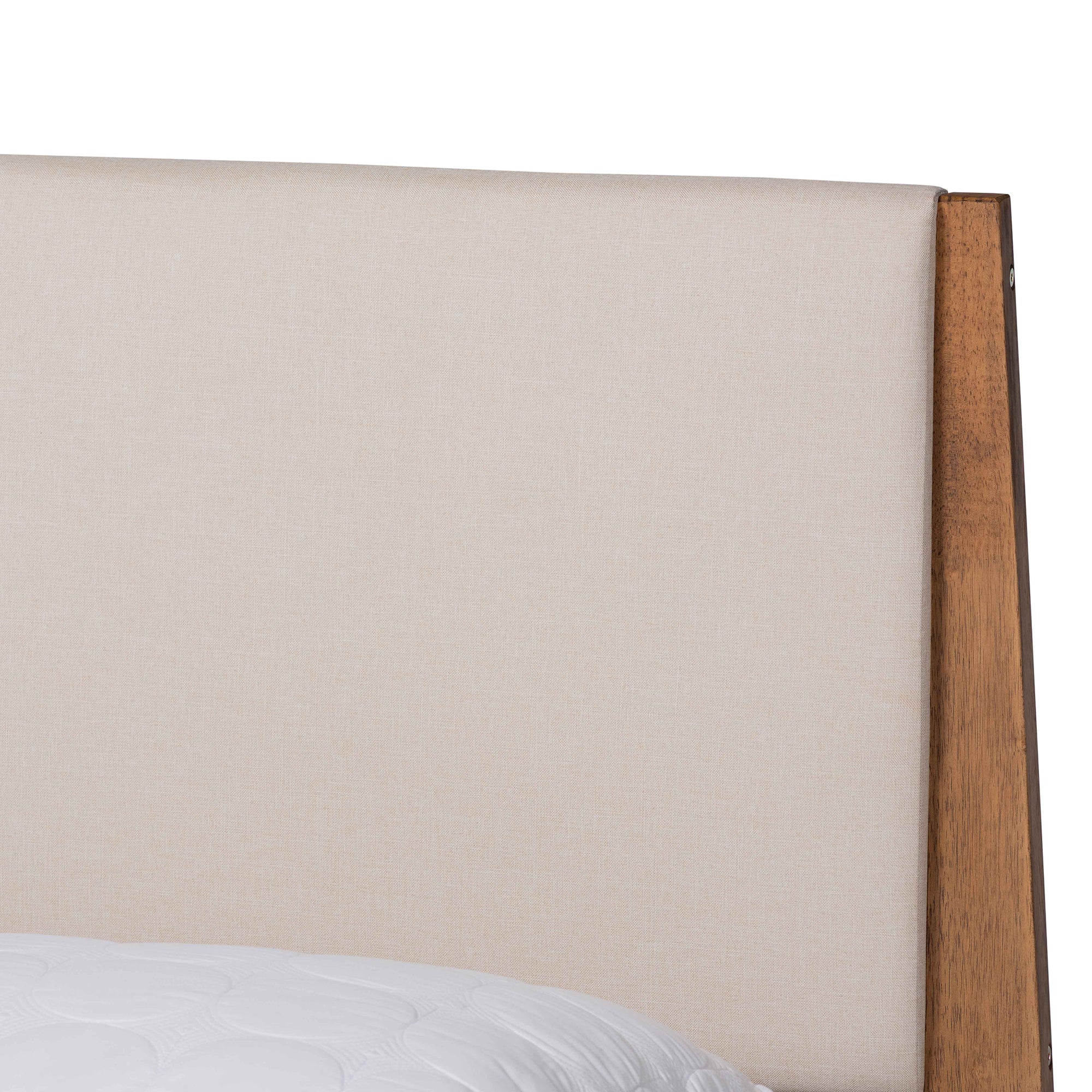 Baxton Studio Senna Mid-Century Modern Beige Fabric Upholstered and Walnut Brown Finished Wood Queen Size Platform Bed