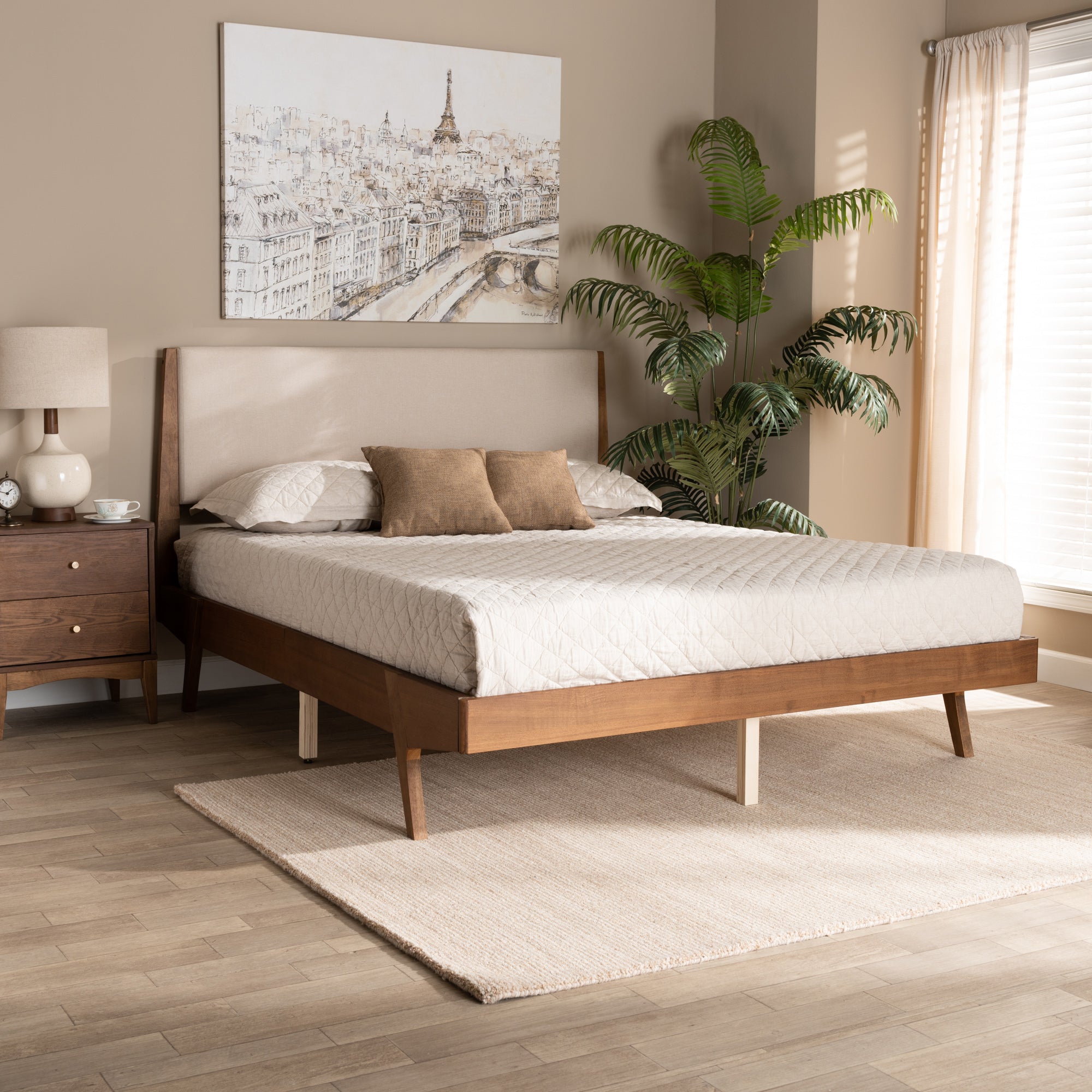 Baxton Studio Senna Mid-Century Modern Beige Fabric Upholstered and Walnut Brown Finished Wood Full Size Platform Bed
