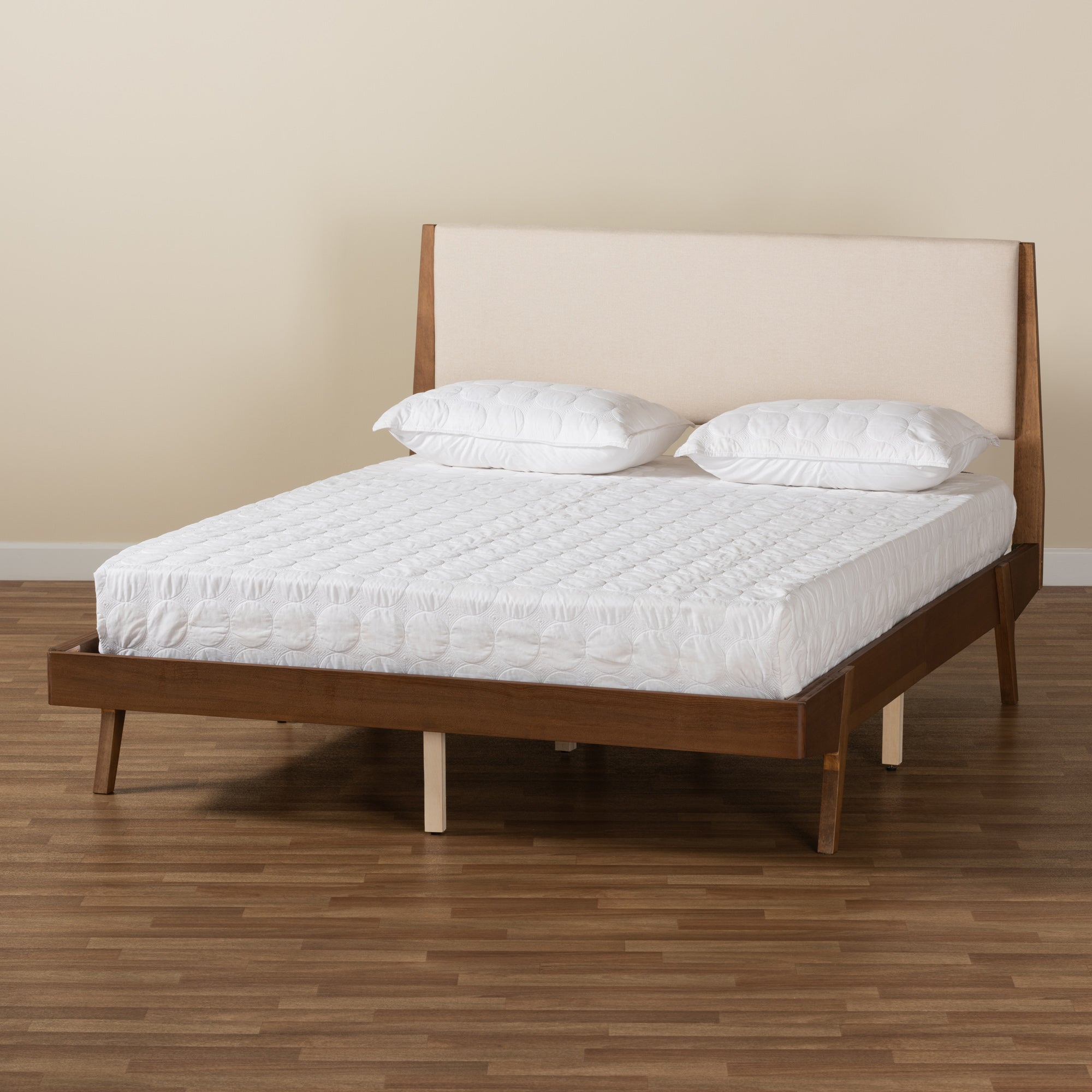 Baxton Studio Senna Mid-Century Modern Beige Fabric Upholstered and Walnut Brown Finished Wood King Size Platform Bed