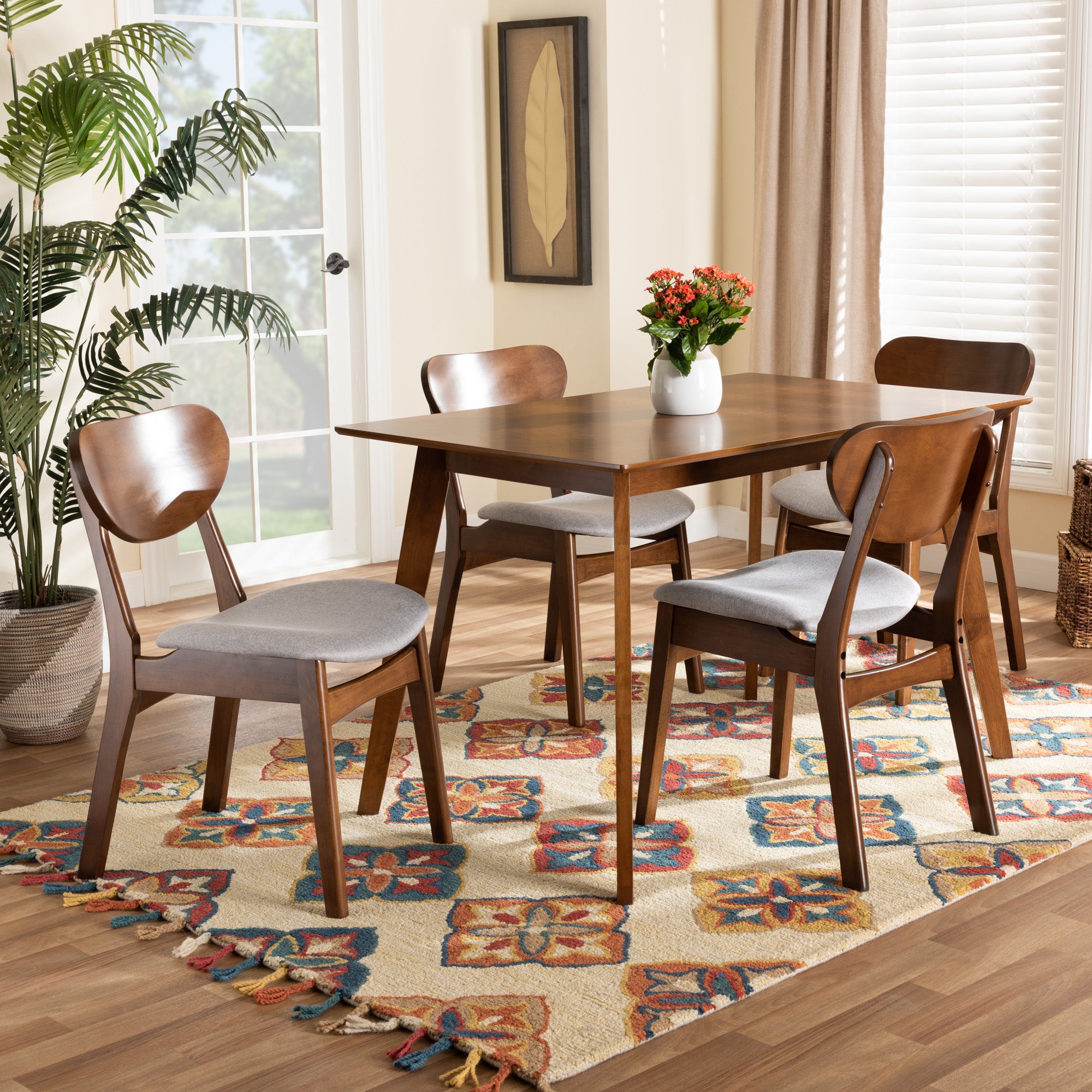 Baxton Studio Katya Mid-Century Modern Grey Fabric Upholstered and Walnut Brown Finished Wood 5-Piece Dining Set