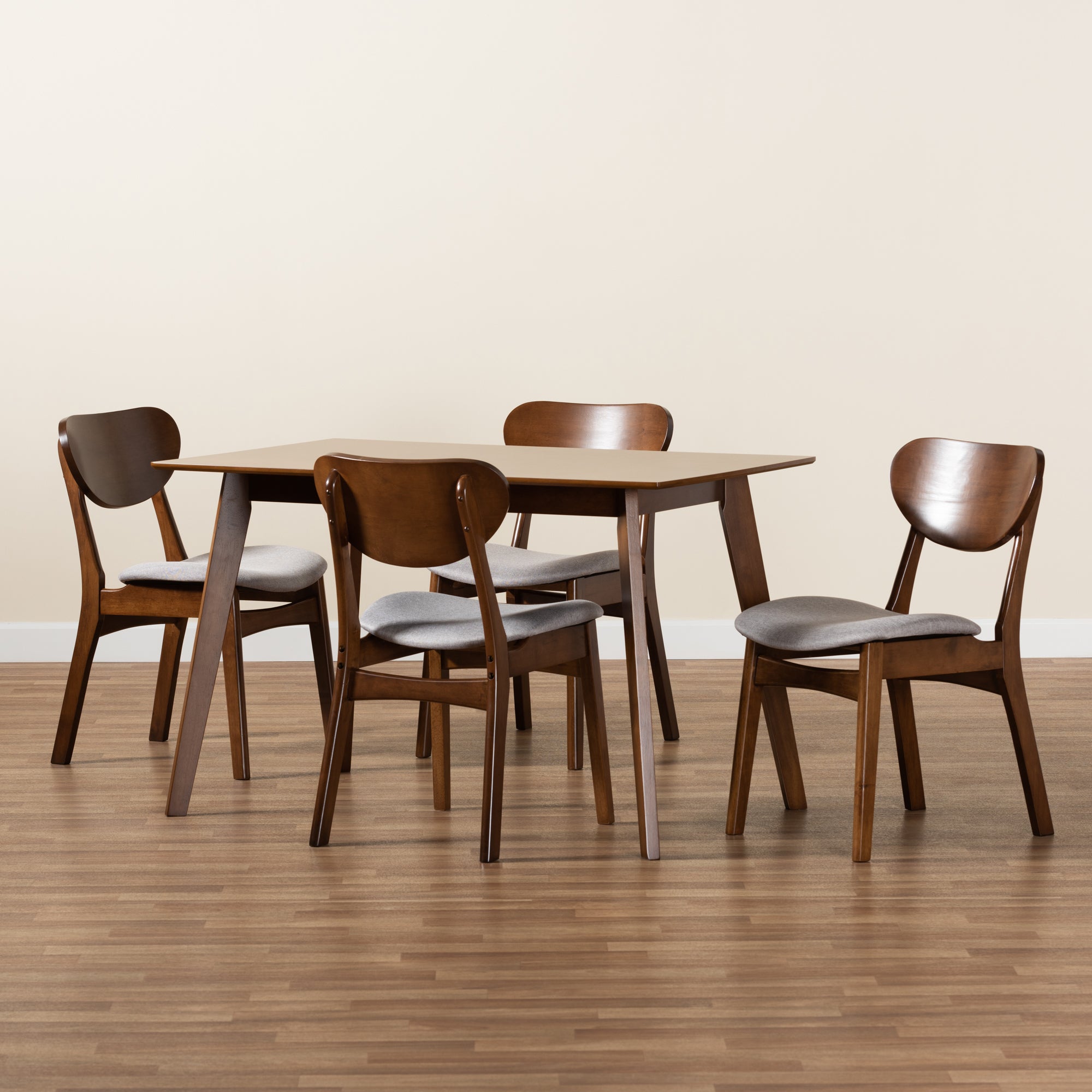 Baxton Studio Katya Mid-Century Modern Grey Fabric Upholstered and Walnut Brown Finished Wood 5-Piece Dining Set