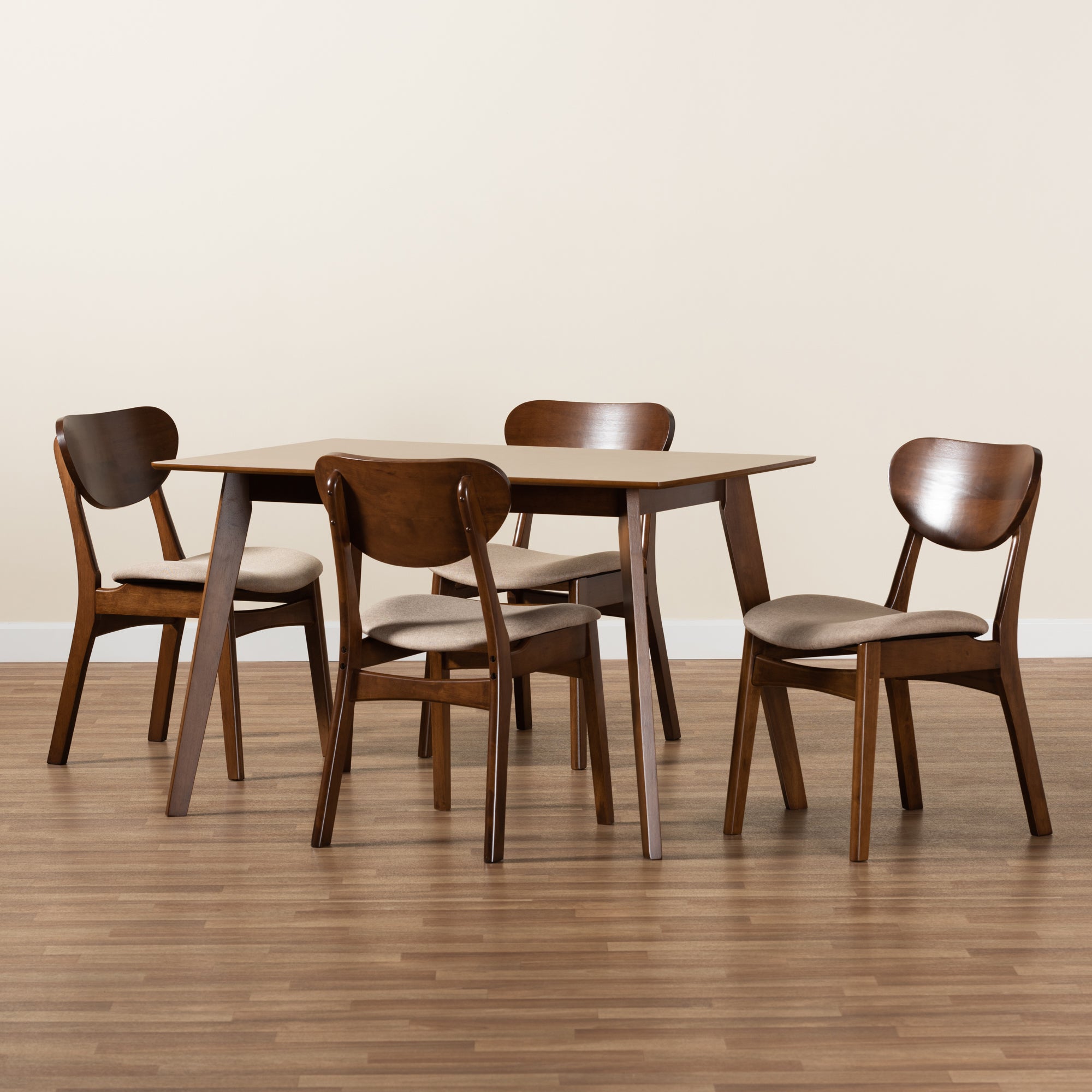 Baxton Studio Katya Mid-Century Modern Sand Fabric Upholstered and Walnut Brown Finished Wood 5-Piece Dining Set