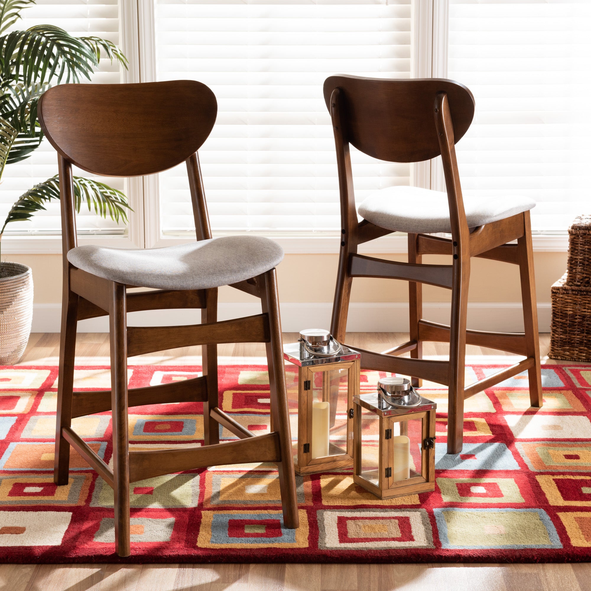 Baxton Studio Katya Mid-Century Modern Grey Fabric Upholstered and Walnut Brown Finished Wood 2-Piece Counter Stool Set