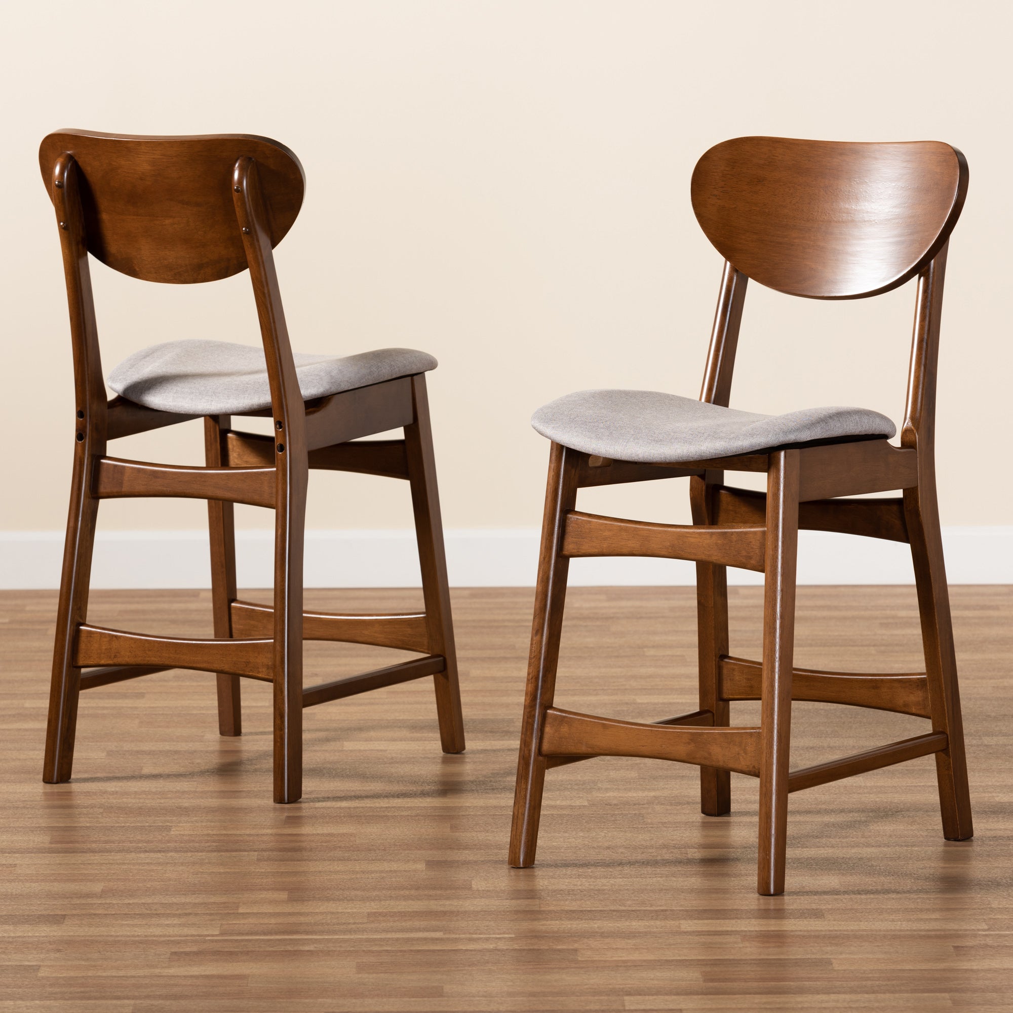Baxton Studio Katya Mid-Century Modern Grey Fabric Upholstered and Walnut Brown Finished Wood 2-Piece Counter Stool Set