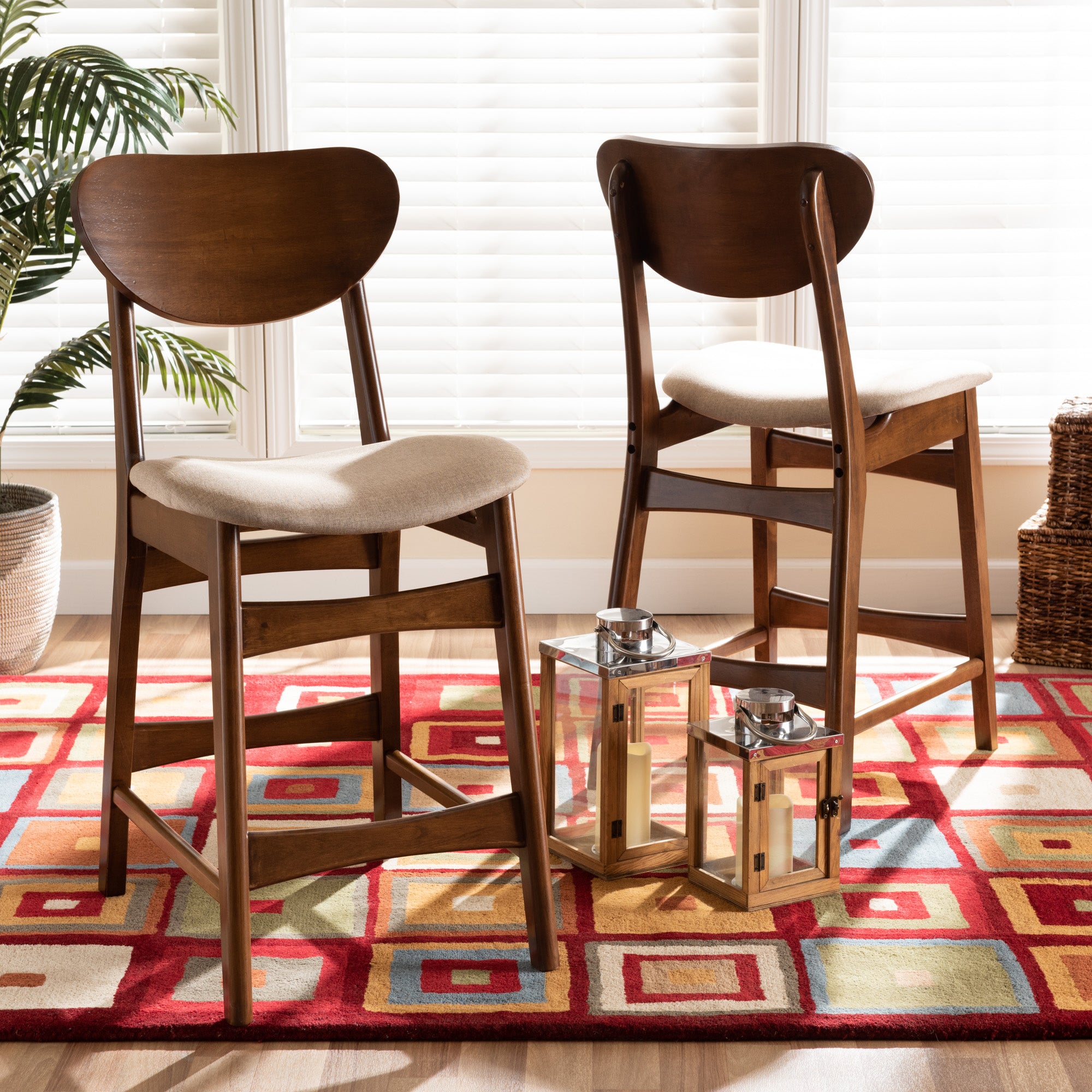 Baxton Studio Katya Mid-Century Modern Sand Fabric Upholstered and Walnut Brown Finished Wood 2-Piece Counter Stool Set