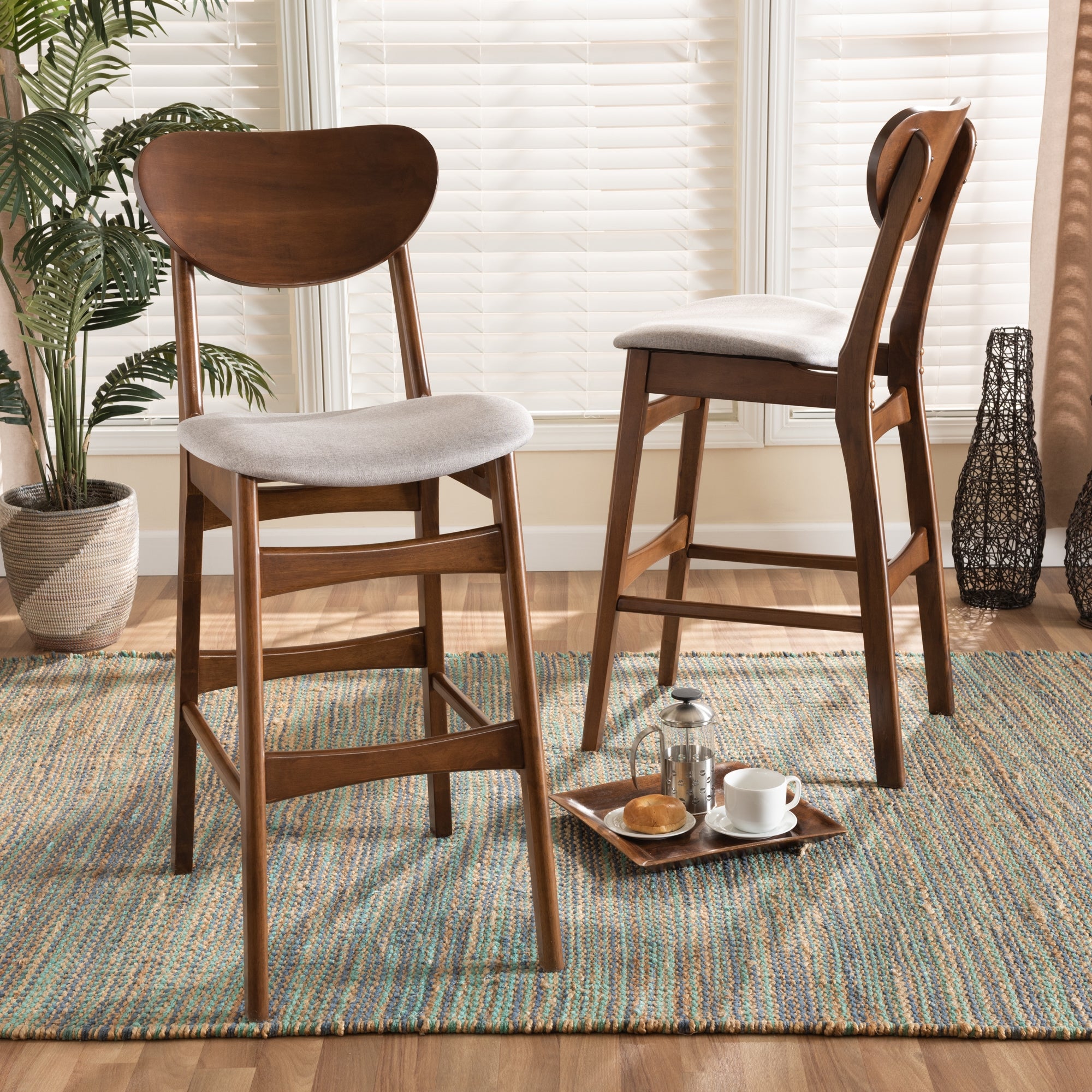Baxton Studio Katya Mid-Century Modern Grey Fabric Upholstered and Walnut Brown Finished Wood 2-Piece Bar Stool Set
