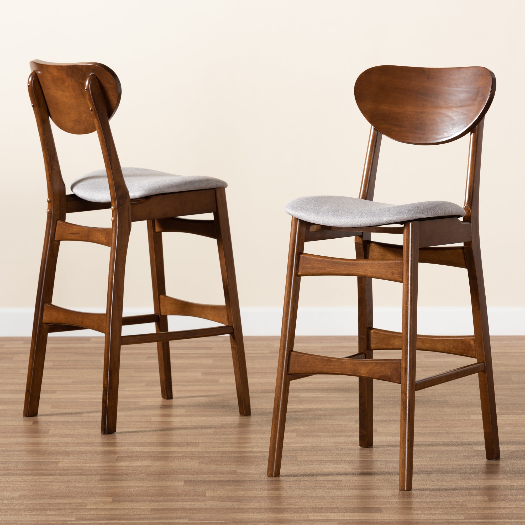 Baxton Studio Katya Mid-Century Modern Grey Fabric Upholstered and Walnut Brown Finished Wood 2-Piece Bar Stool Set
