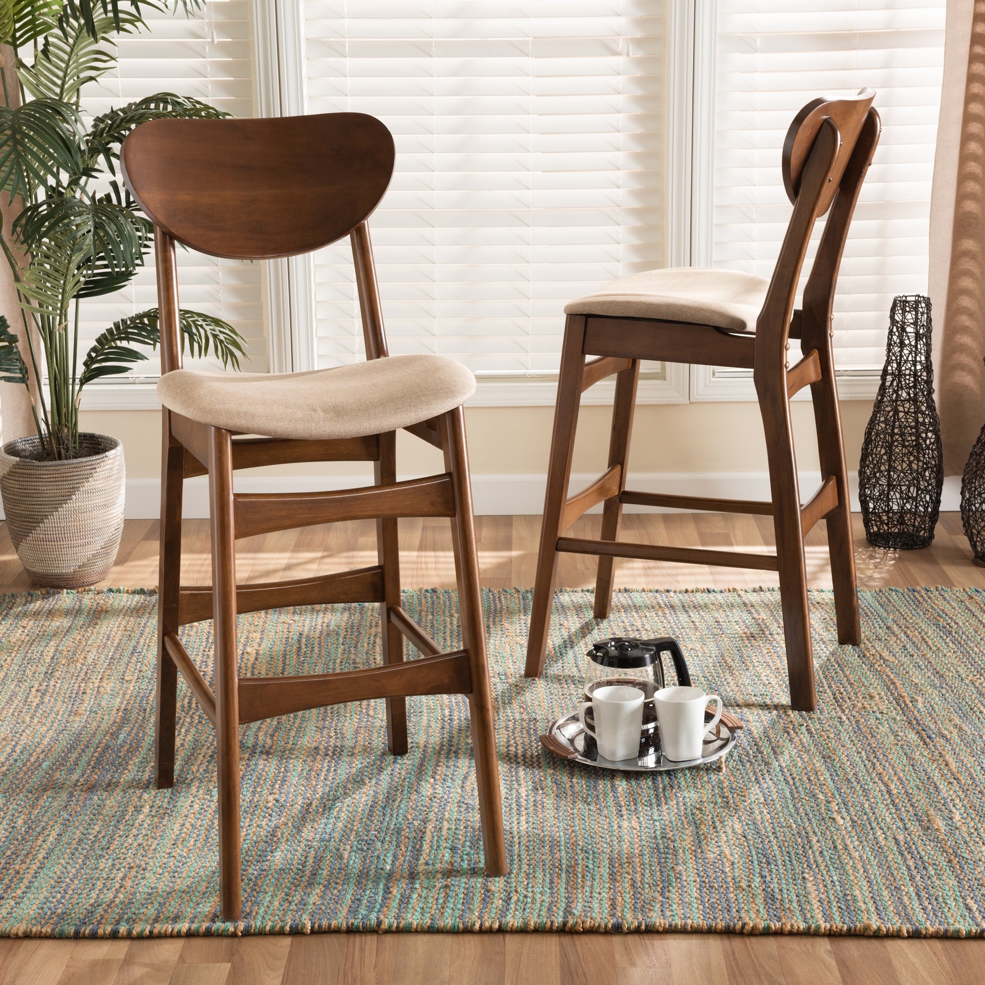 Baxton Studio Katya Mid-Century Modern Sand Fabric Upholstered and Walnut Brown Finished Wood 2-Piece Bar Stool Set