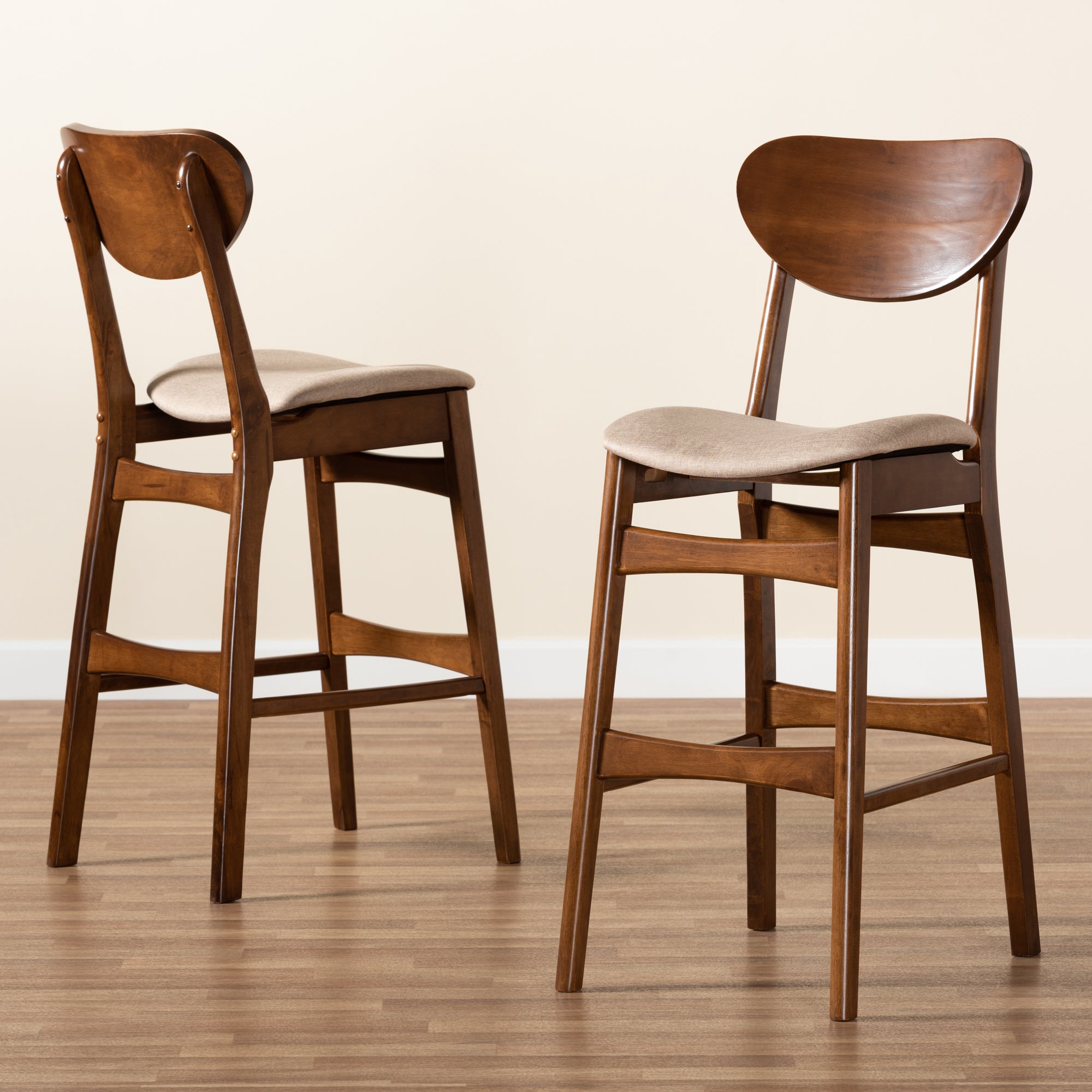 Baxton Studio Katya Mid-Century Modern Sand Fabric Upholstered and Walnut Brown Finished Wood 2-Piece Bar Stool Set