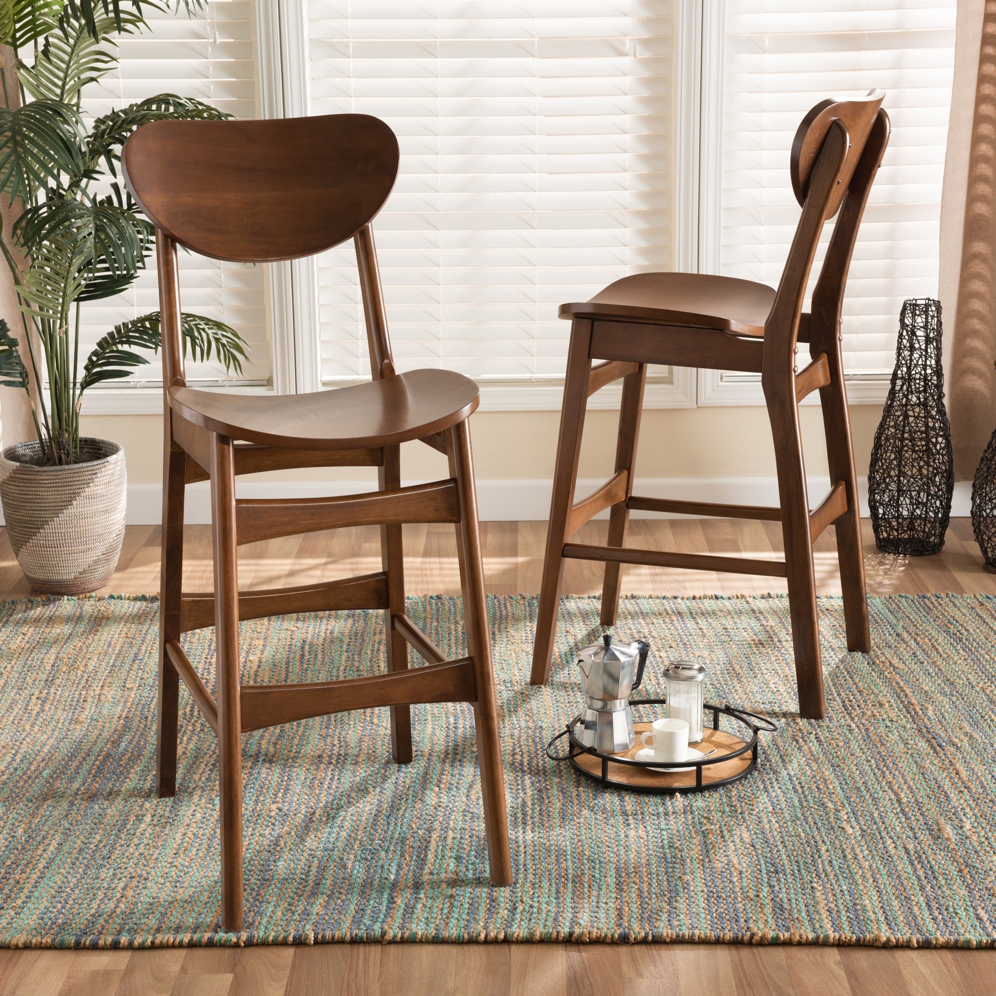Baxton Studio Katya Mid-Century Modern Walnut Brown Finished Wood 2-Piece Bar Stool Set