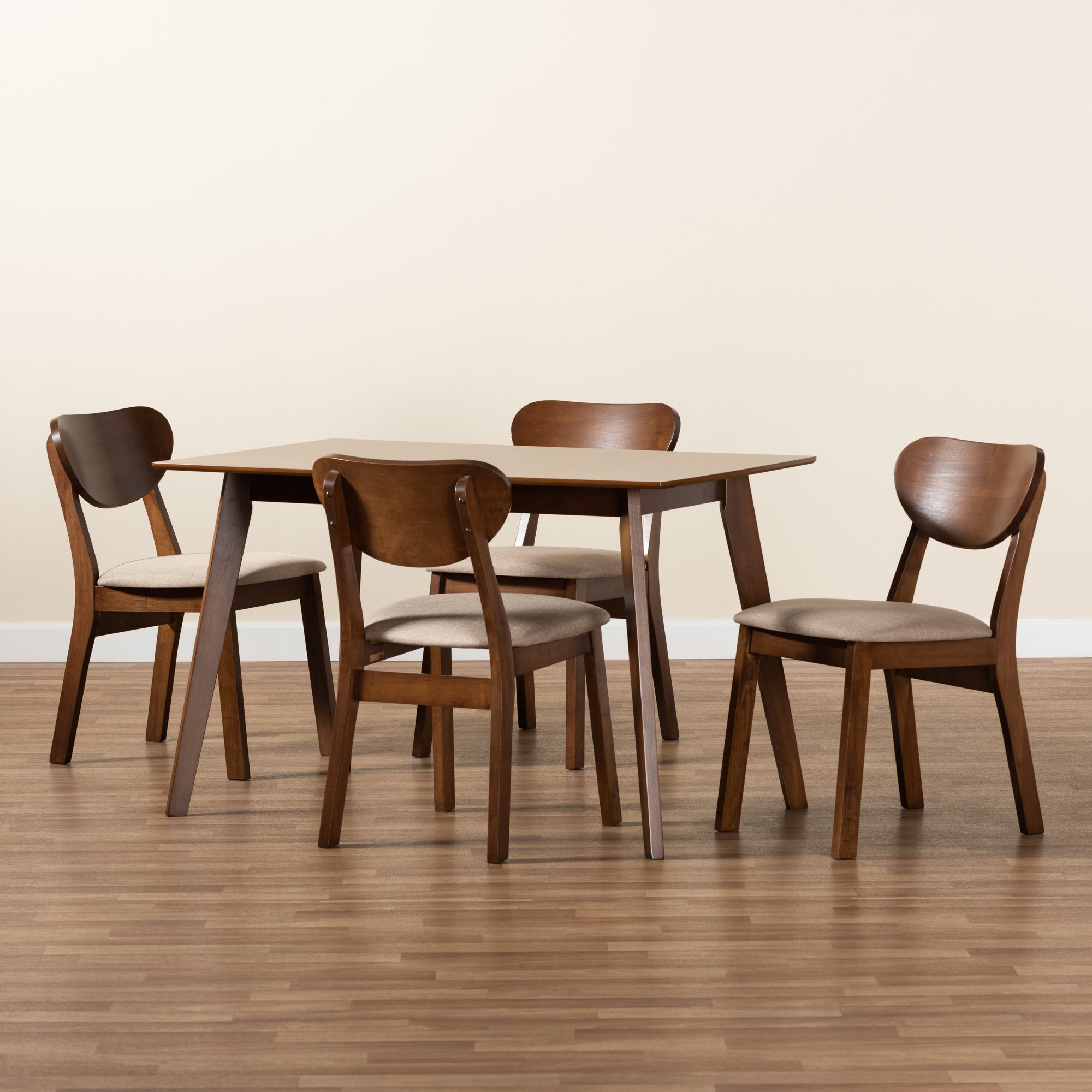 Baxton Studio Damara Mid-Century Modern Sand Fabric Upholstered and Walnut Brown Finished Wood 5-Piece Dining Set