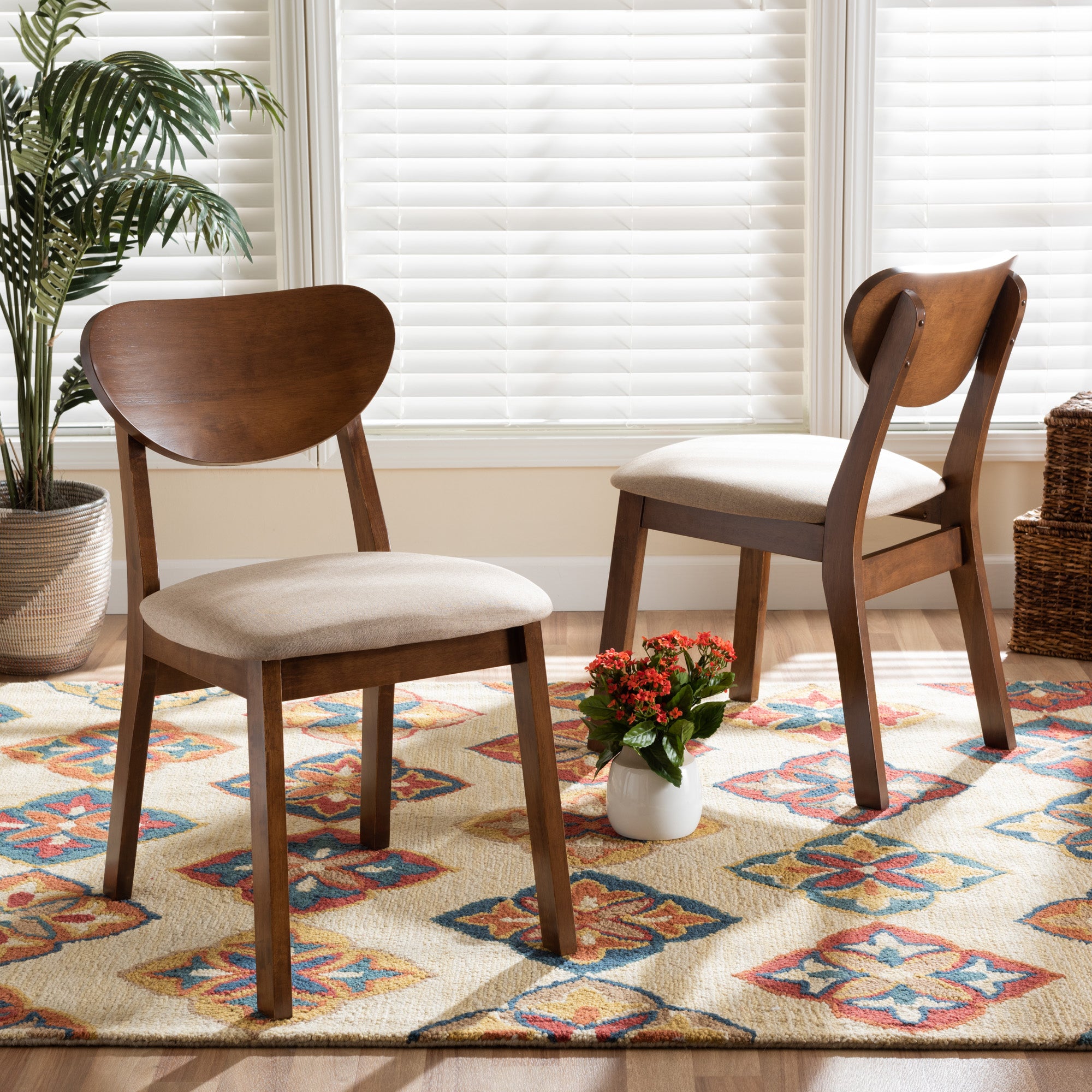 Baxton Studio Damara Mid-Century Modern Sand Fabric Upholstered and Walnut Brown Finished Wood 2-Piece Dining Chair Set