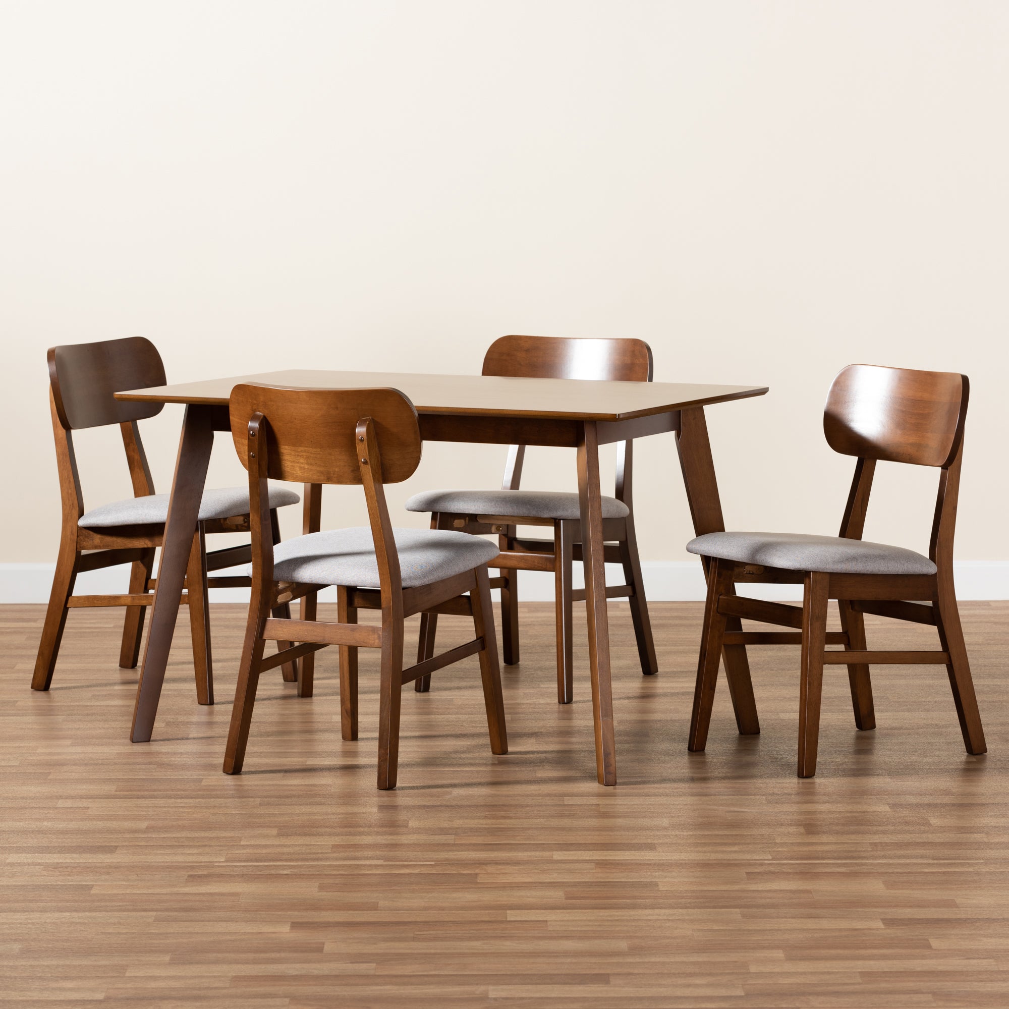 Baxton Studio Euclid Mid-Century Modern Grey Fabric Upholstered and Walnut Brown Finished Wood 5-Piece Dining Set