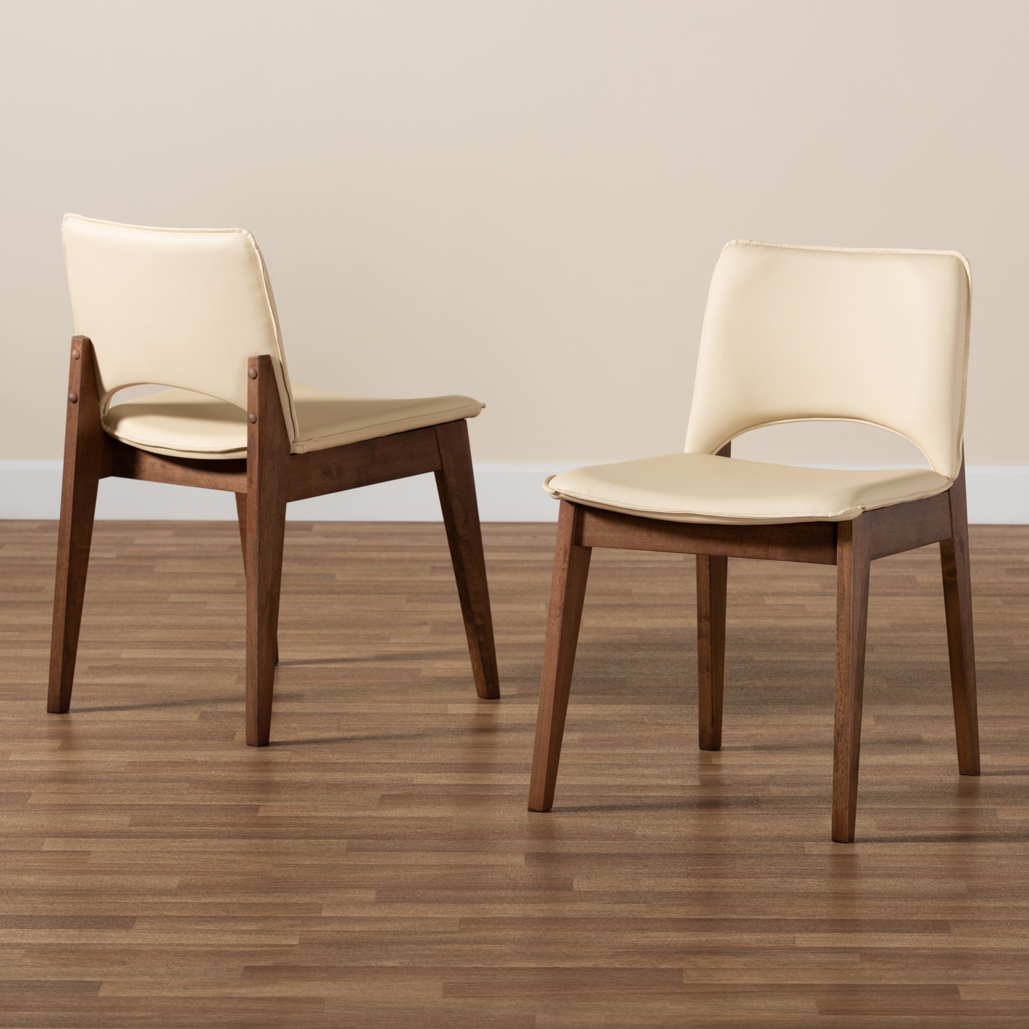 Baxton Studio Afton Mid-Century Modern Beige Faux Leather Upholstered and Walnut Brown Finished Wood 2-Piece Dining Chair Set