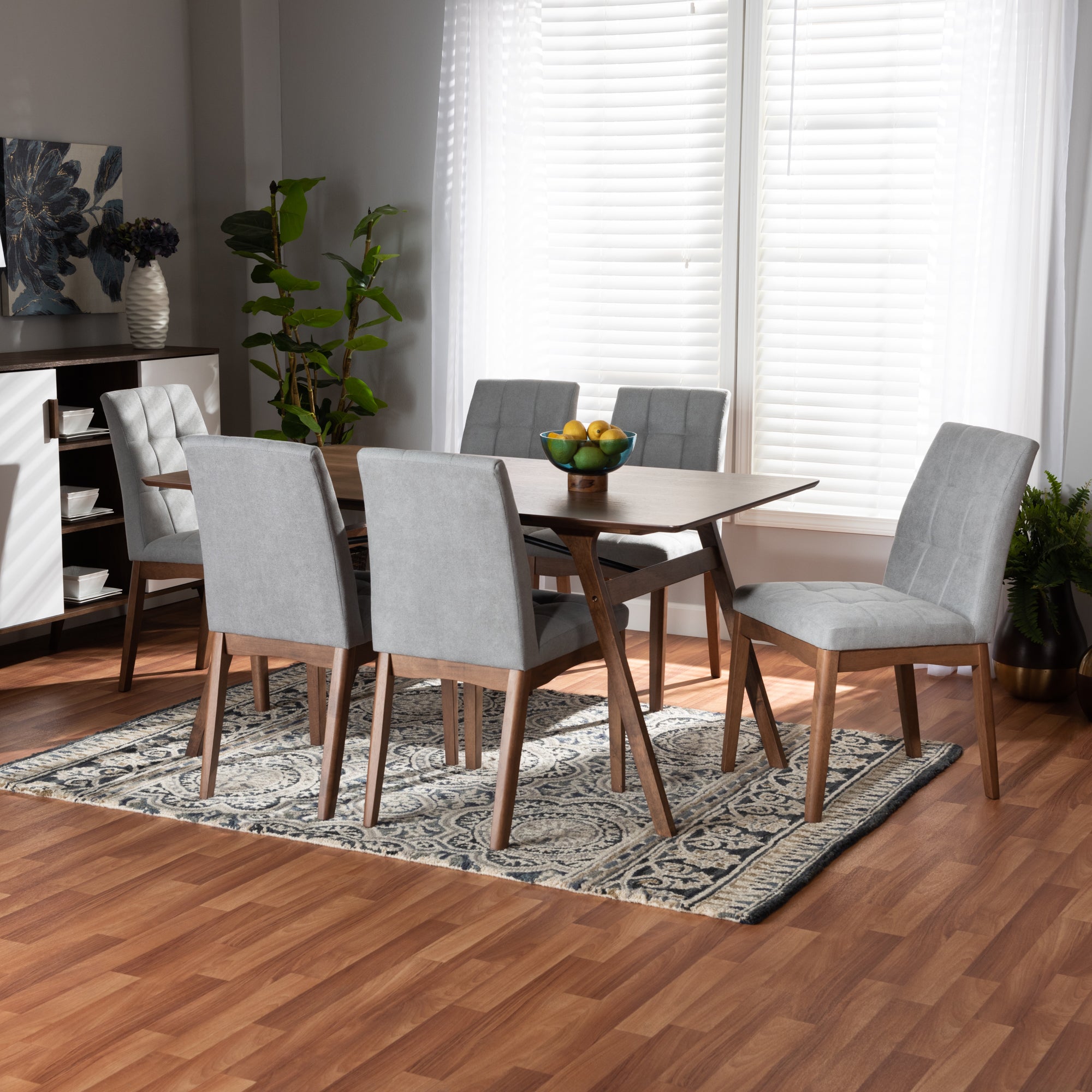 Baxton Studio Tara Mid-Century Modern Light Grey Fabric Upholstered and Walnut Brown Finished Wood 7-Piece Dining Set