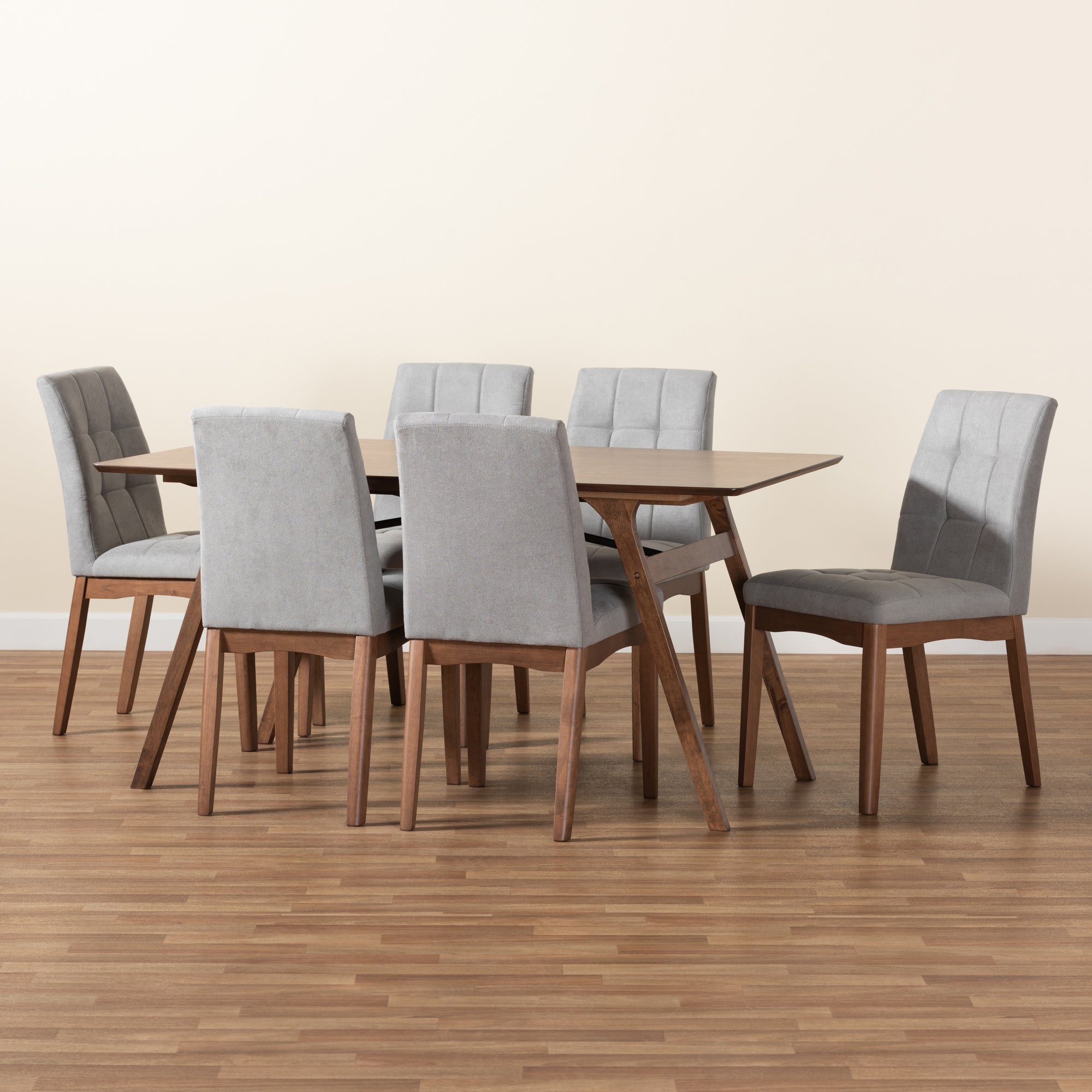 Baxton Studio Tara Mid-Century Modern Light Grey Fabric Upholstered and Walnut Brown Finished Wood 7-Piece Dining Set
