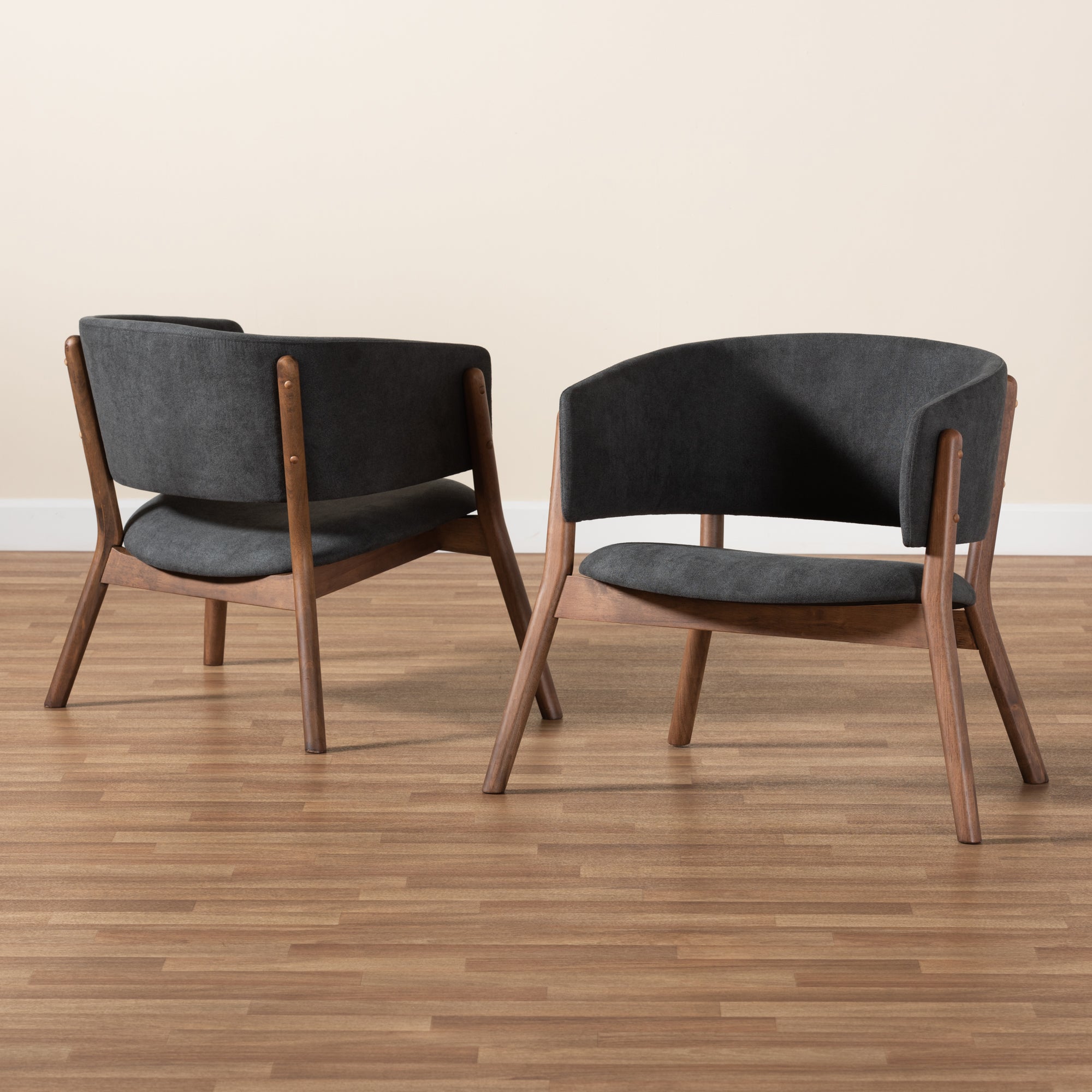 Baxton Studio Baron Mid-Century Modern Dark Grey Fabric Upholstered and Walnut Brown Finished Wood 2-Piece Living Room Accent Chair Set
