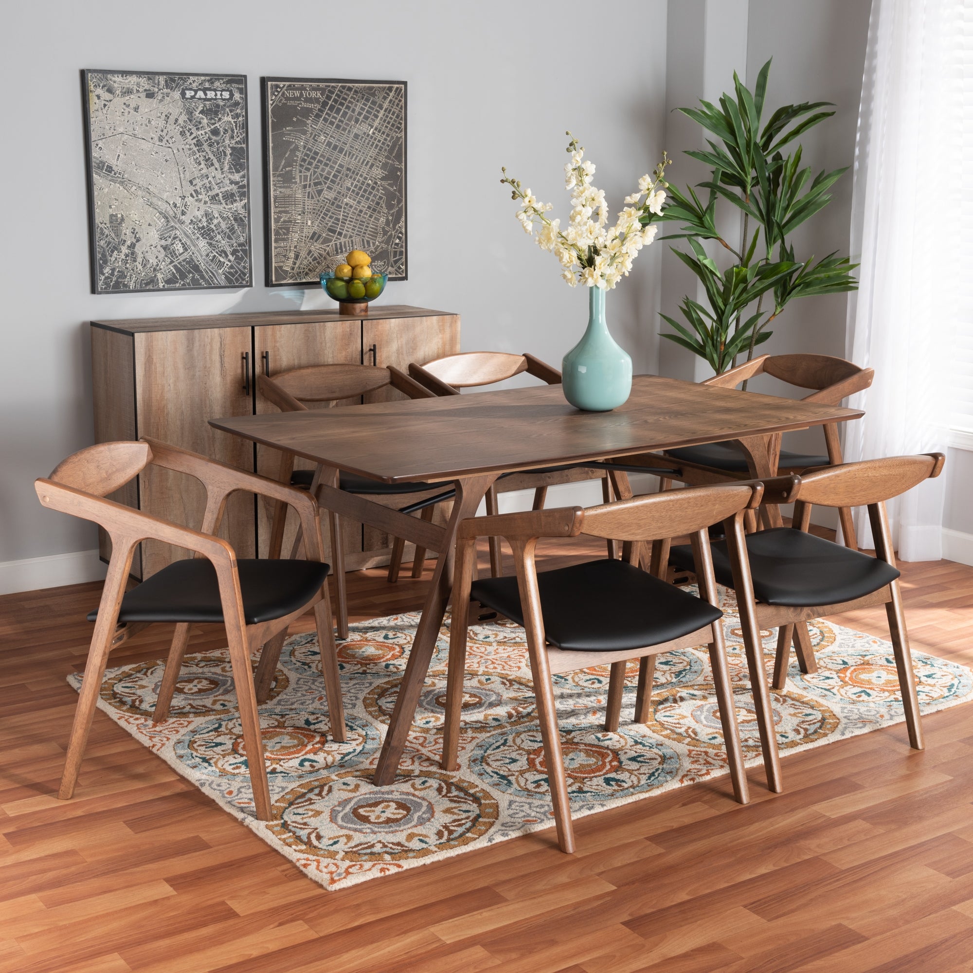 Baxton Studio Harland Mid-Century Modern Black Faux Leather Upholstered and Walnut Brown Finished Wood 7-Piece Dining Set