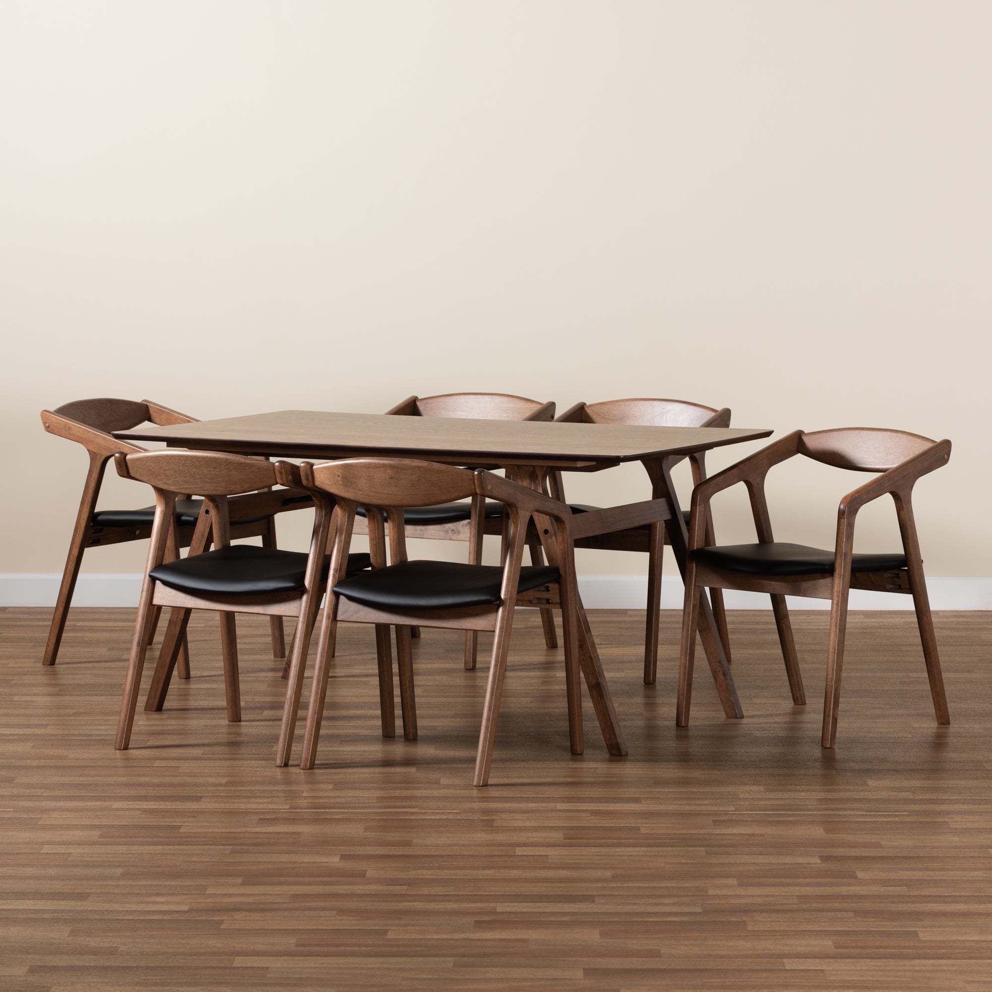 Baxton Studio Harland Mid-Century Modern Black Faux Leather Upholstered and Walnut Brown Finished Wood 7-Piece Dining Set
