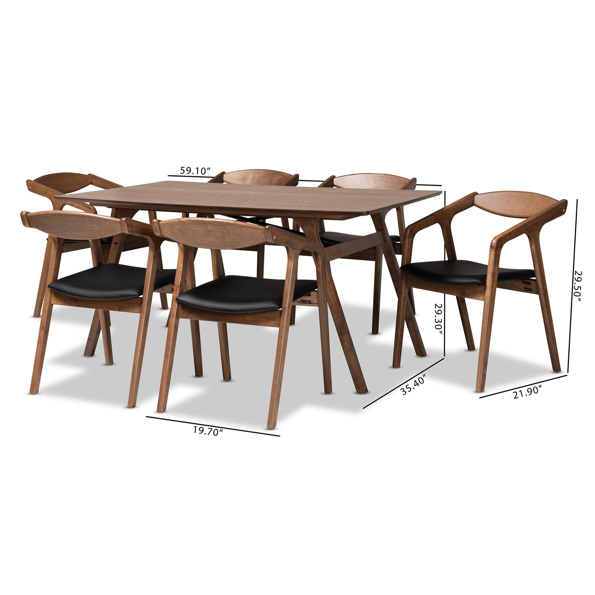 Baxton Studio Harland Mid-Century Modern Black Faux Leather Upholstered and Walnut Brown Finished Wood 7-Piece Dining Set