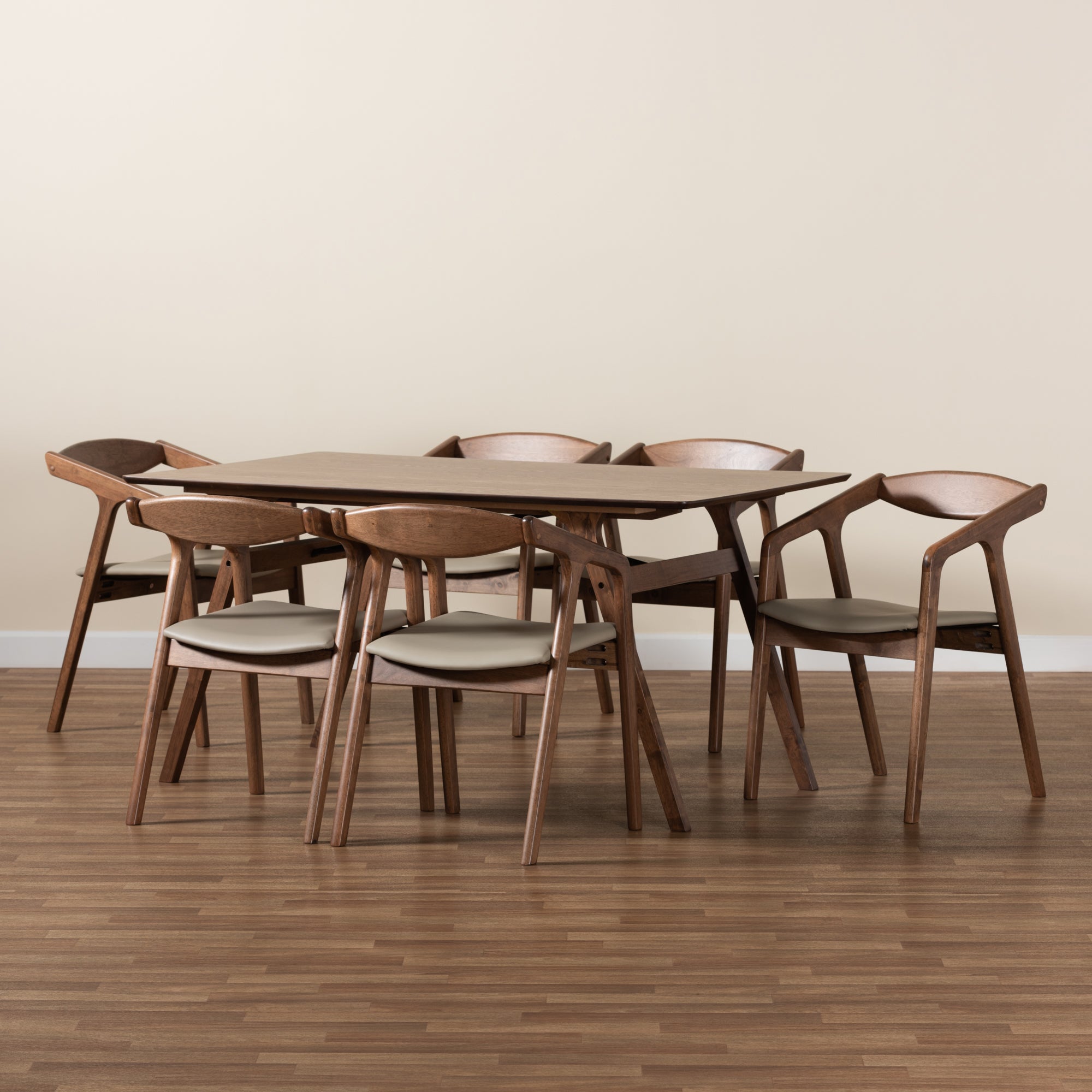 Baxton Studio Harland Mid-Century Modern Grey Faux Leather Upholstered and Walnut Brown Finished Wood 7-Piece Dining Set
