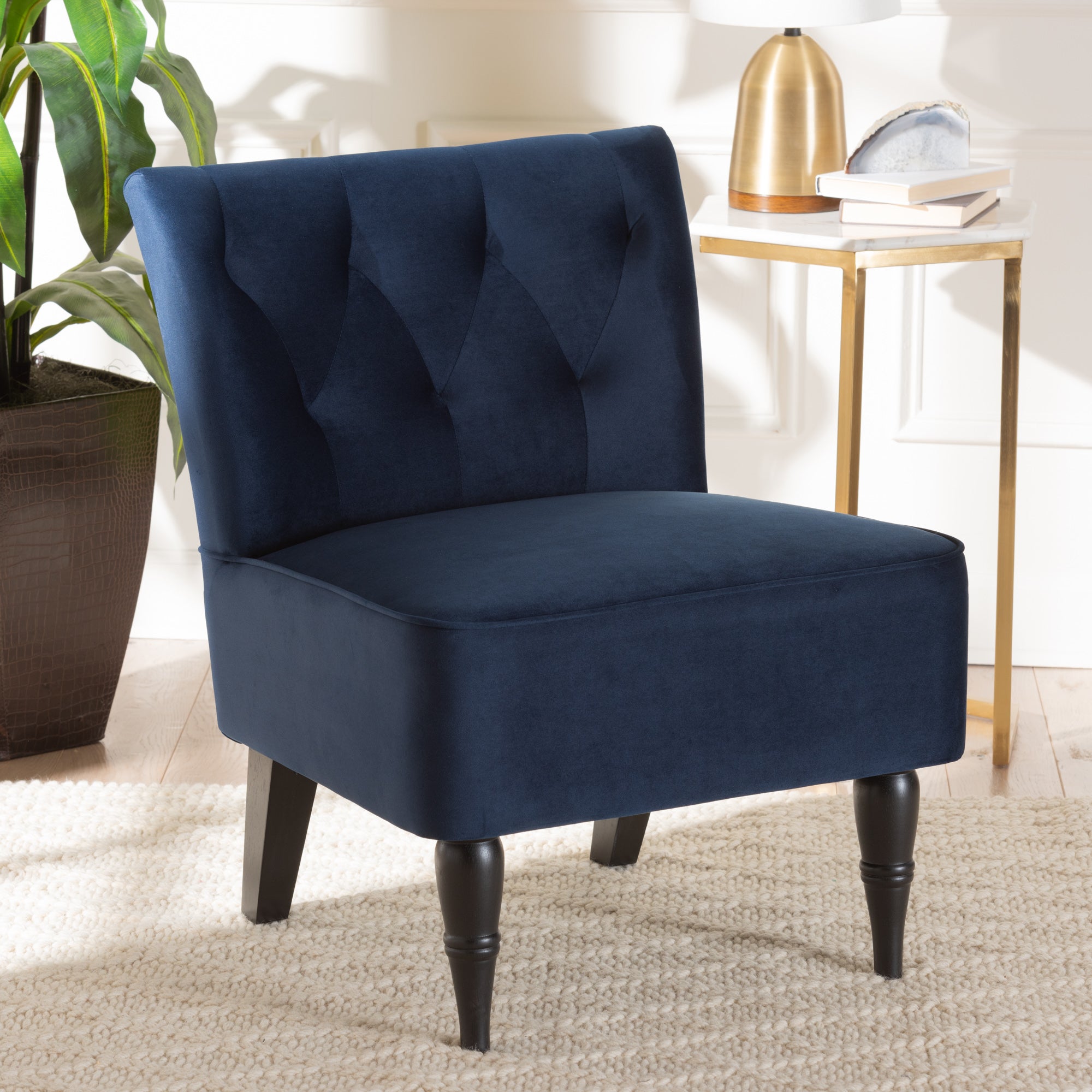Baxton Studio Harmon Modern and Contemporary Transitional Navy Blue Velvet Fabric Upholstered and Black Finished Wood Accent Chair