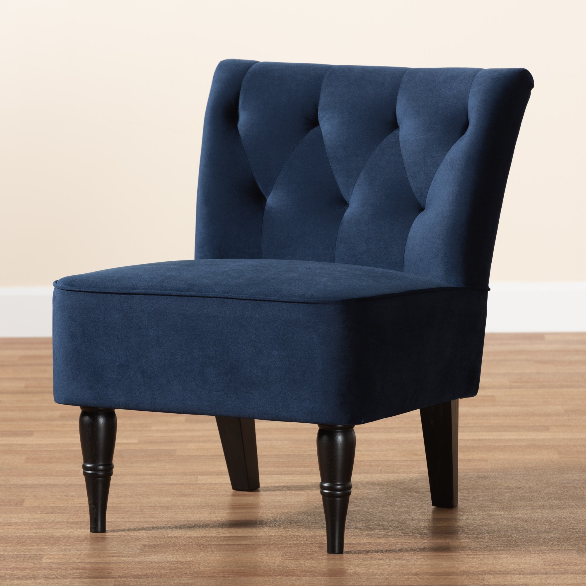 Baxton Studio Harmon Modern and Contemporary Transitional Navy Blue Velvet Fabric Upholstered and Black Finished Wood Accent Chair