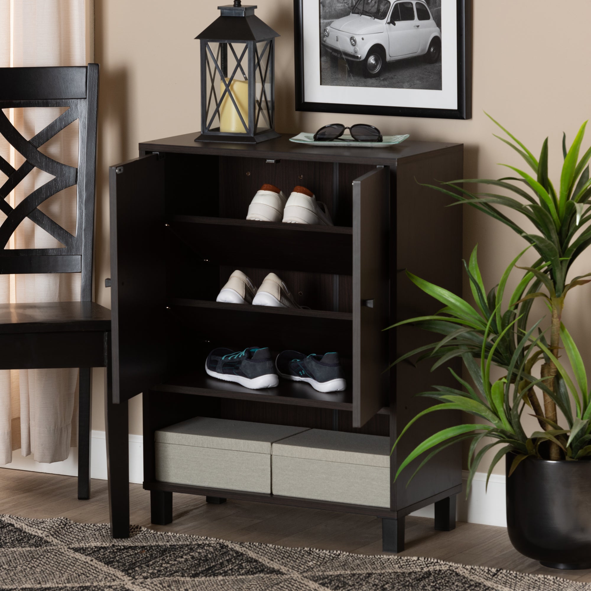 Baxton Studio Rossin Modern and Contemporary Dark Brown Finished Wood 2-Door Entryway Shoe Storage Cabinet with Bottom Shelf