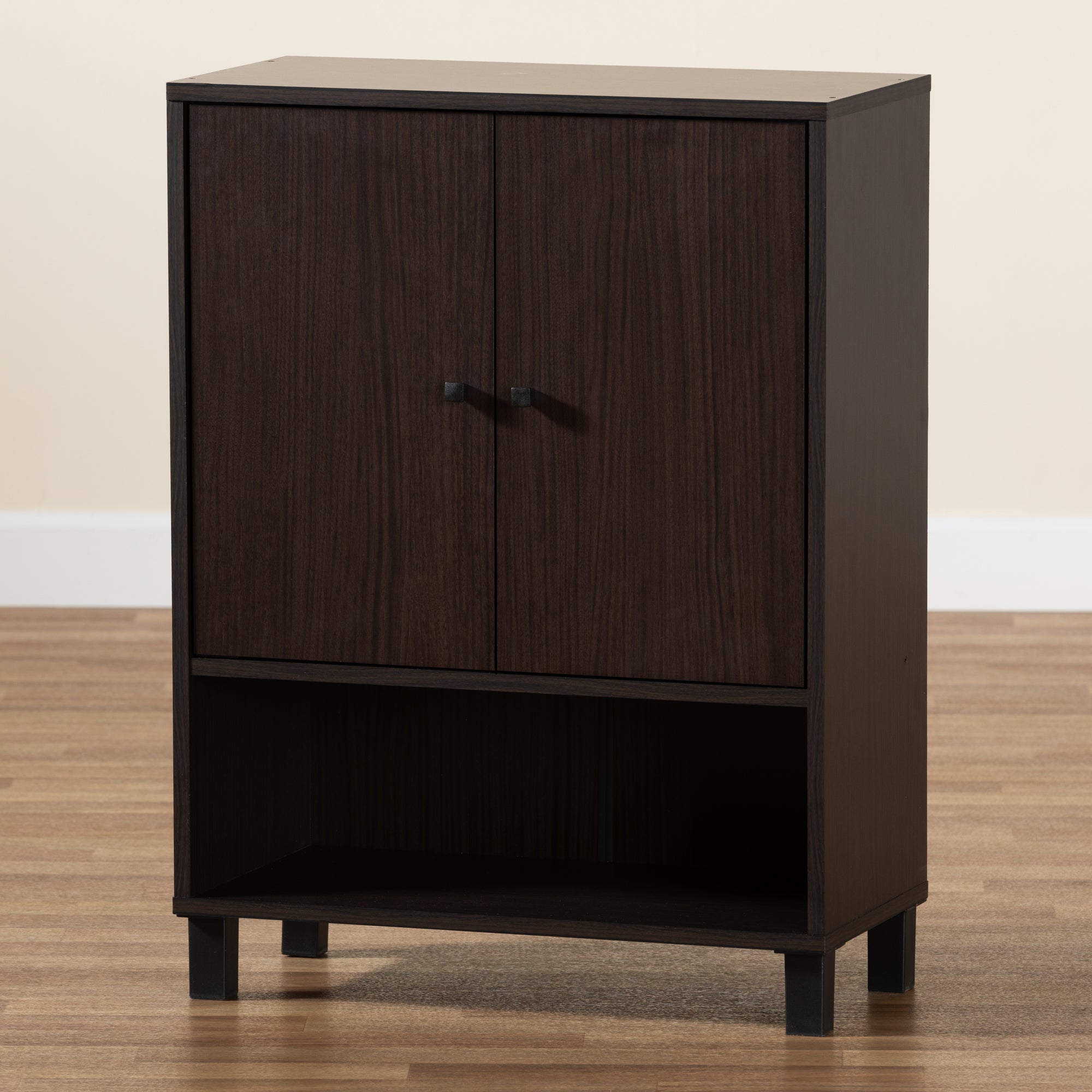 Baxton Studio Rossin Modern and Contemporary Dark Brown Finished Wood 2-Door Entryway Shoe Storage Cabinet with Bottom Shelf