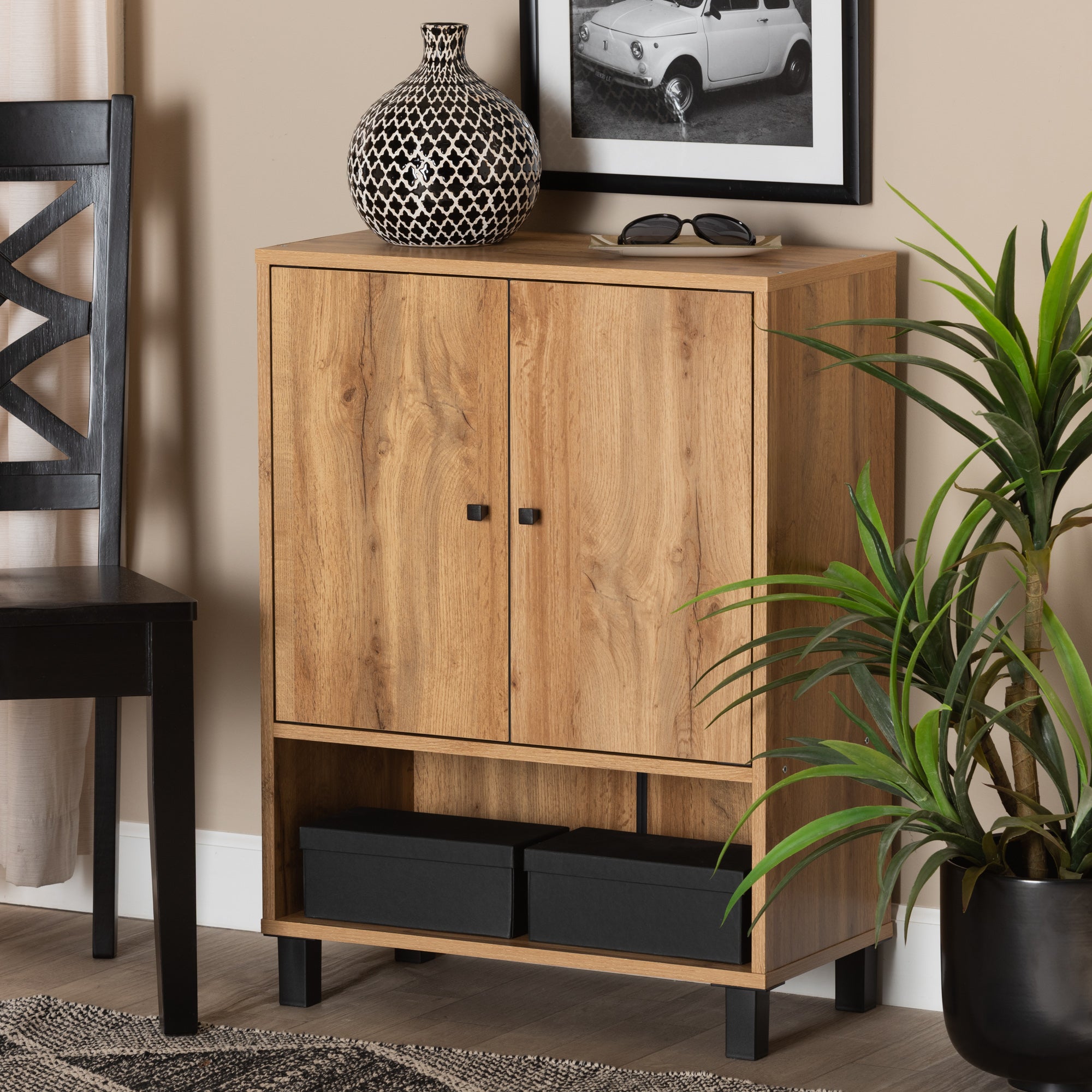 Baxton Studio Rossin Modern and Contemporary Oak Brown Finished Wood 2-Door Entryway Shoe Storage Cabinet with Bottom Shelf