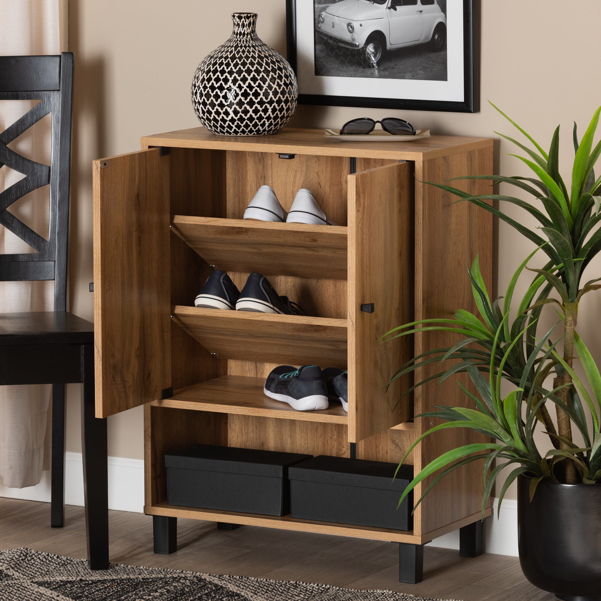 Baxton Studio Rossin Modern and Contemporary Oak Brown Finished Wood 2-Door Entryway Shoe Storage Cabinet with Bottom Shelf