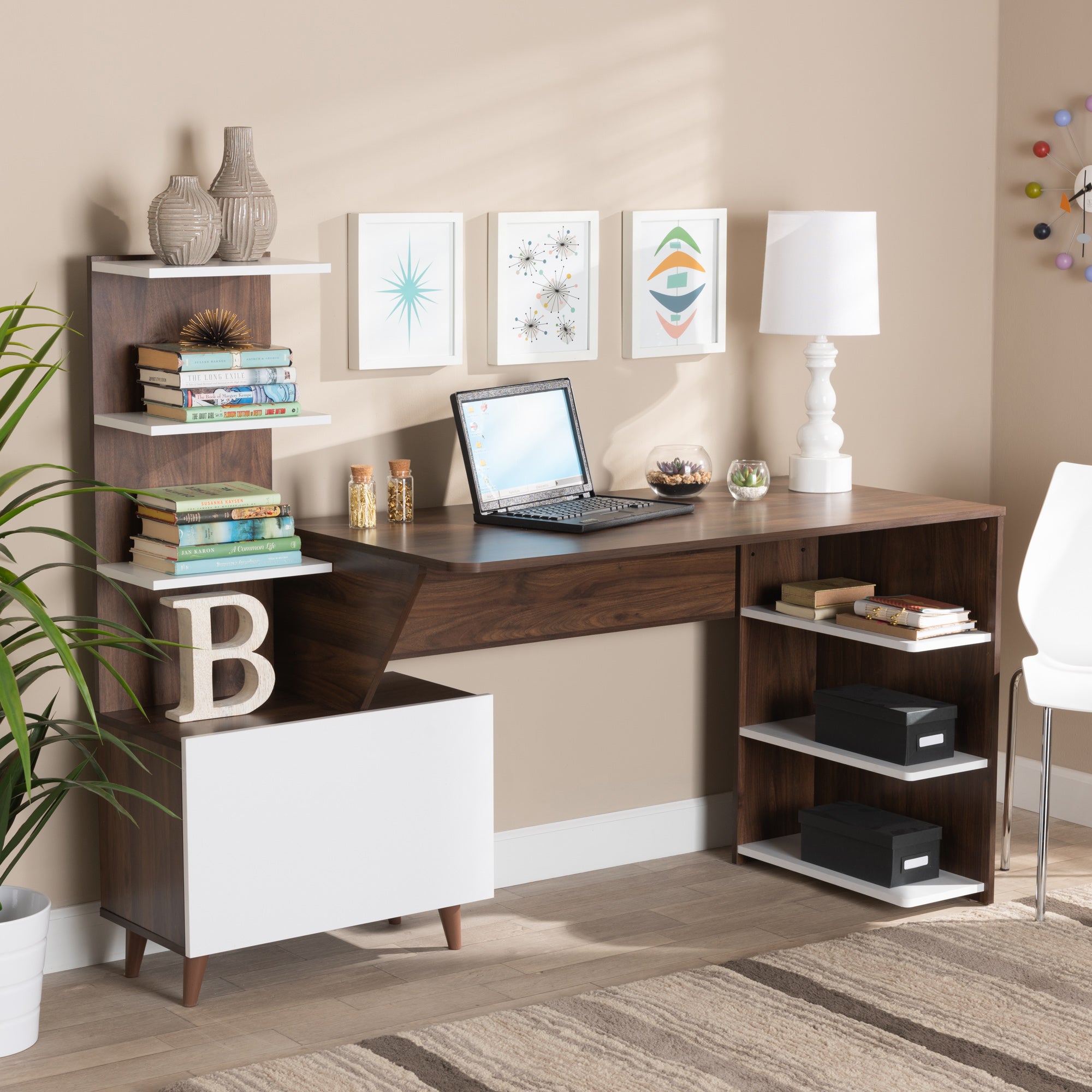 Baxton Studio Tobias Mid-Century Modern Two-Tone White and Walnut Brown Finished Wood Storage Computer Desk with Shelves