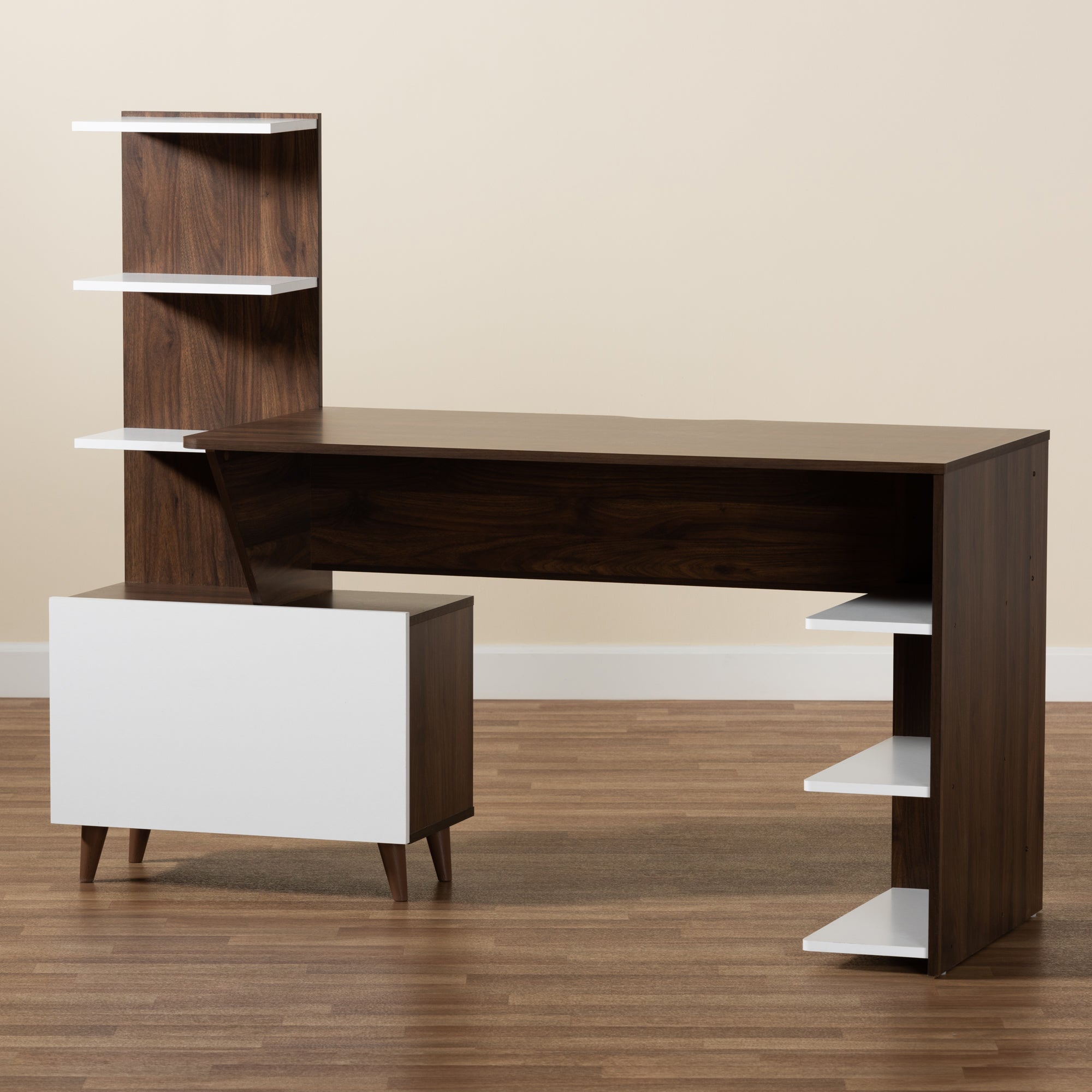 Baxton Studio Tobias Mid-Century Modern Two-Tone White and Walnut Brown Finished Wood Storage Computer Desk with Shelves
