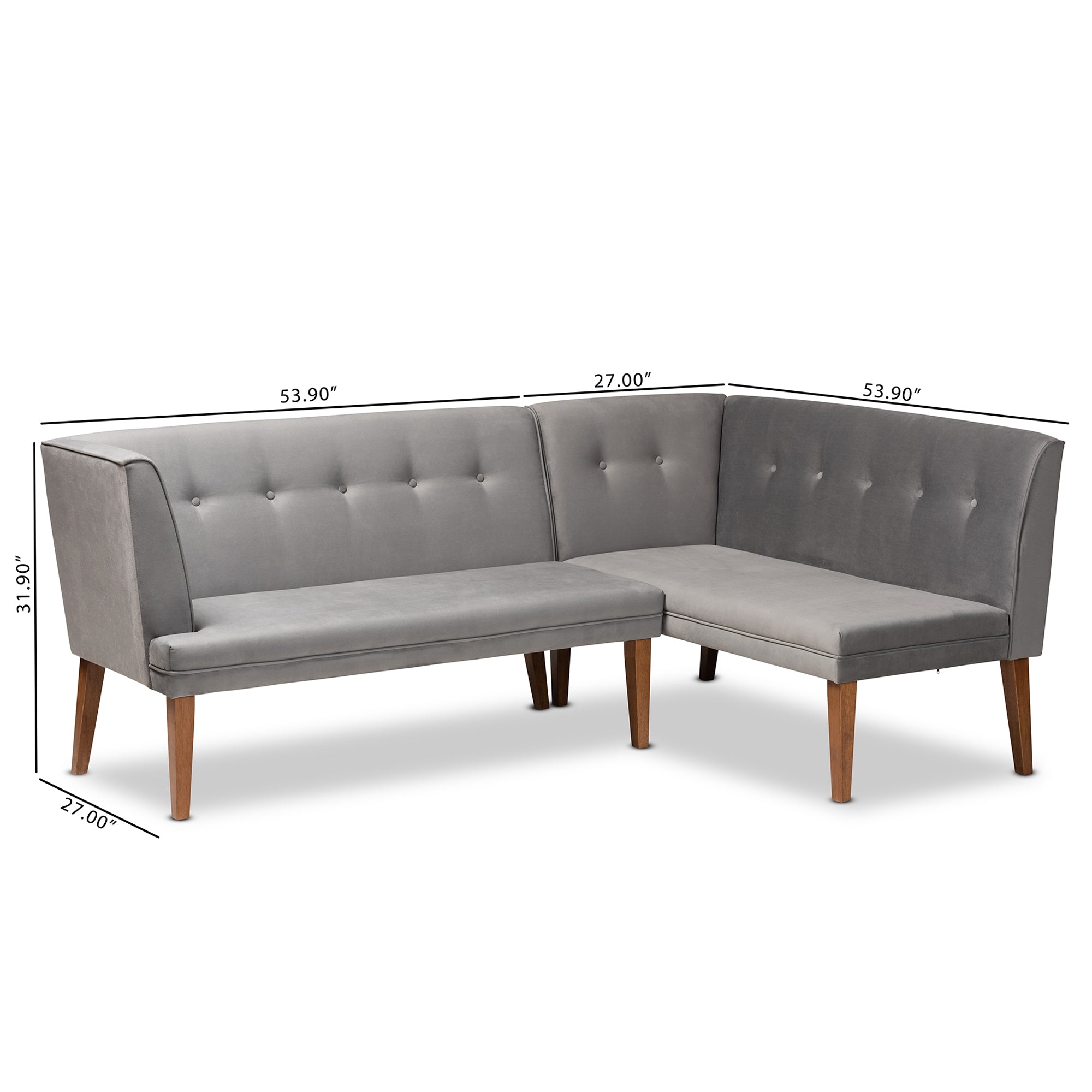 Baxton Studio Stewart Mid-Century Modern Grey Velvet Upholstered and Walnut Brown Finished Wood 2-Piece Dining Nook Banquette Set