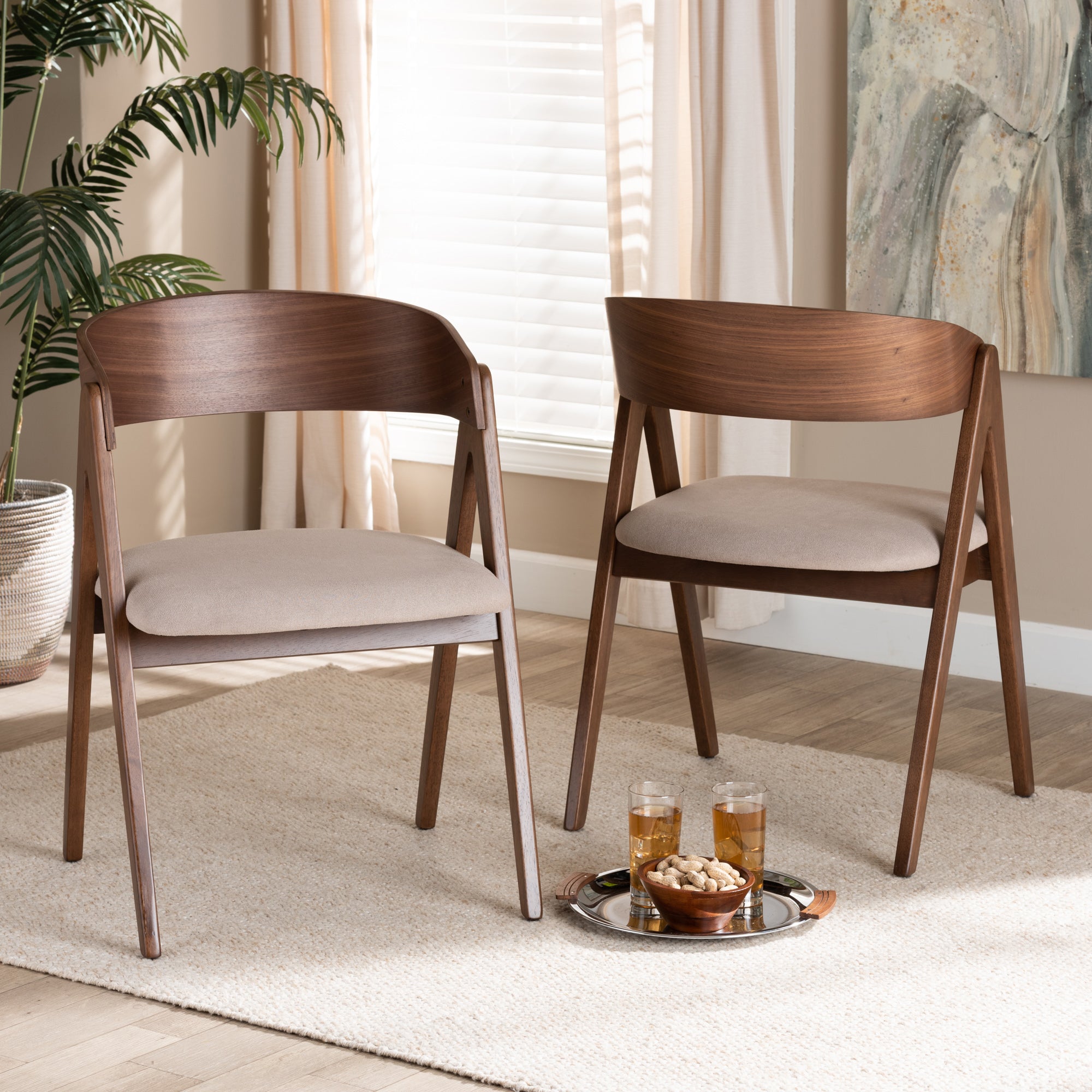 Baxton Studio Danton Mid-Century Modern Beige Fabric Upholstered and Walnut Brown Finished Wood 2-Piece Dining Chair Set