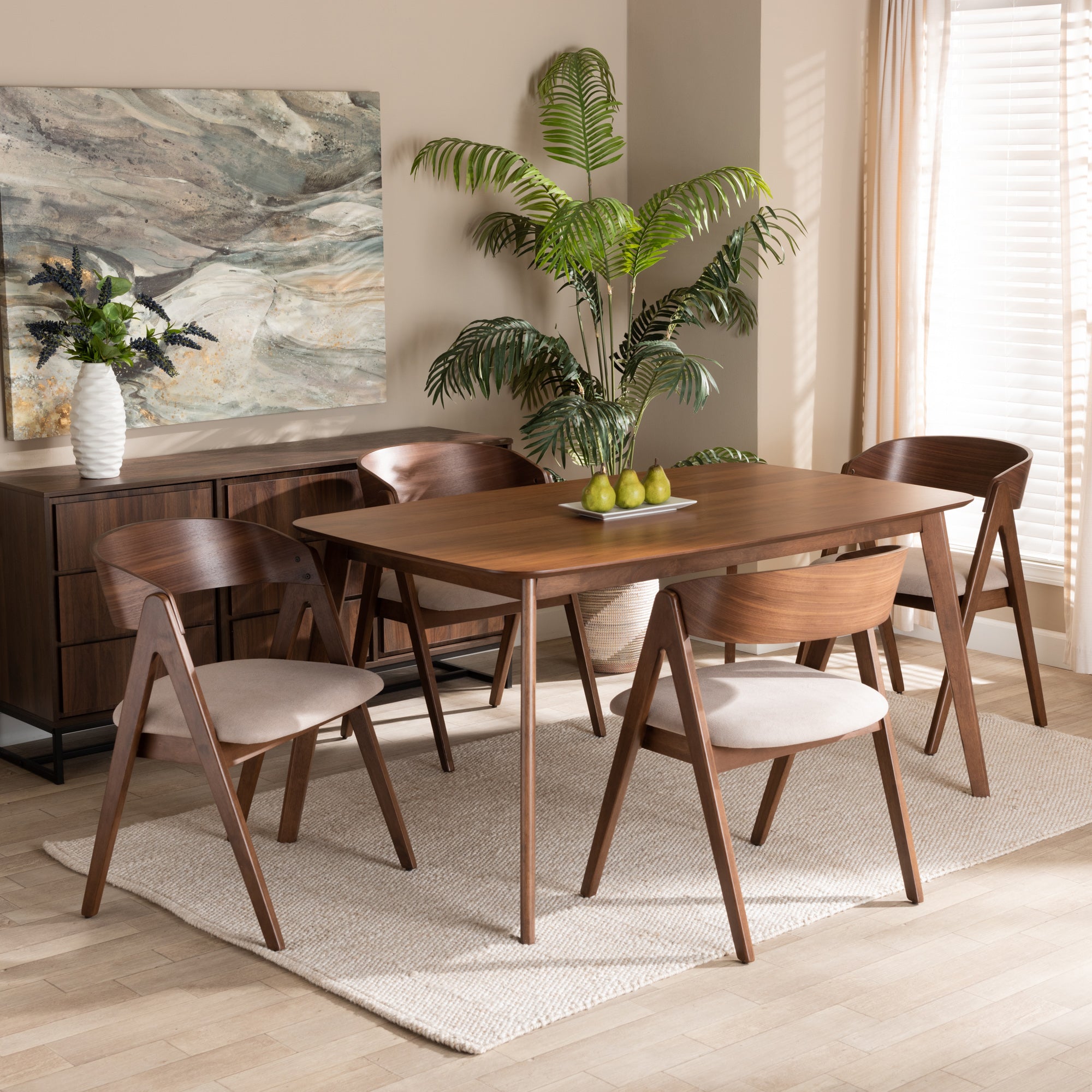 Baxton Studio Danton Mid-Century Modern Beige Fabric Upholstered and Walnut Brown Finished Wood 5-Piece Dining Set