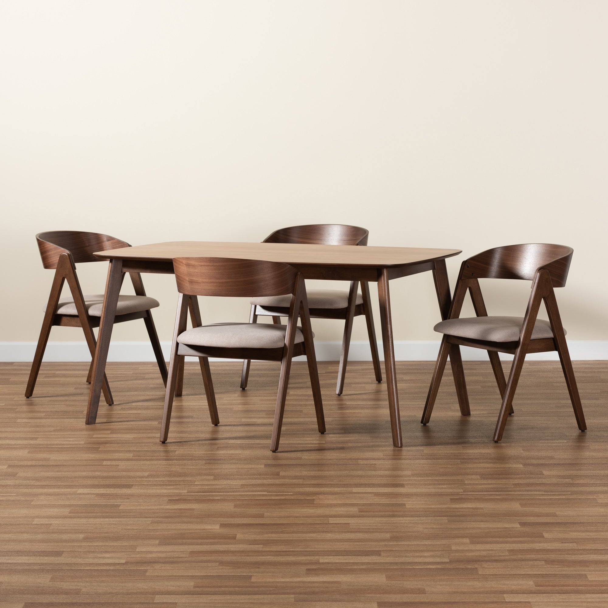 Baxton Studio Danton Mid-Century Modern Beige Fabric Upholstered and Walnut Brown Finished Wood 5-Piece Dining Set