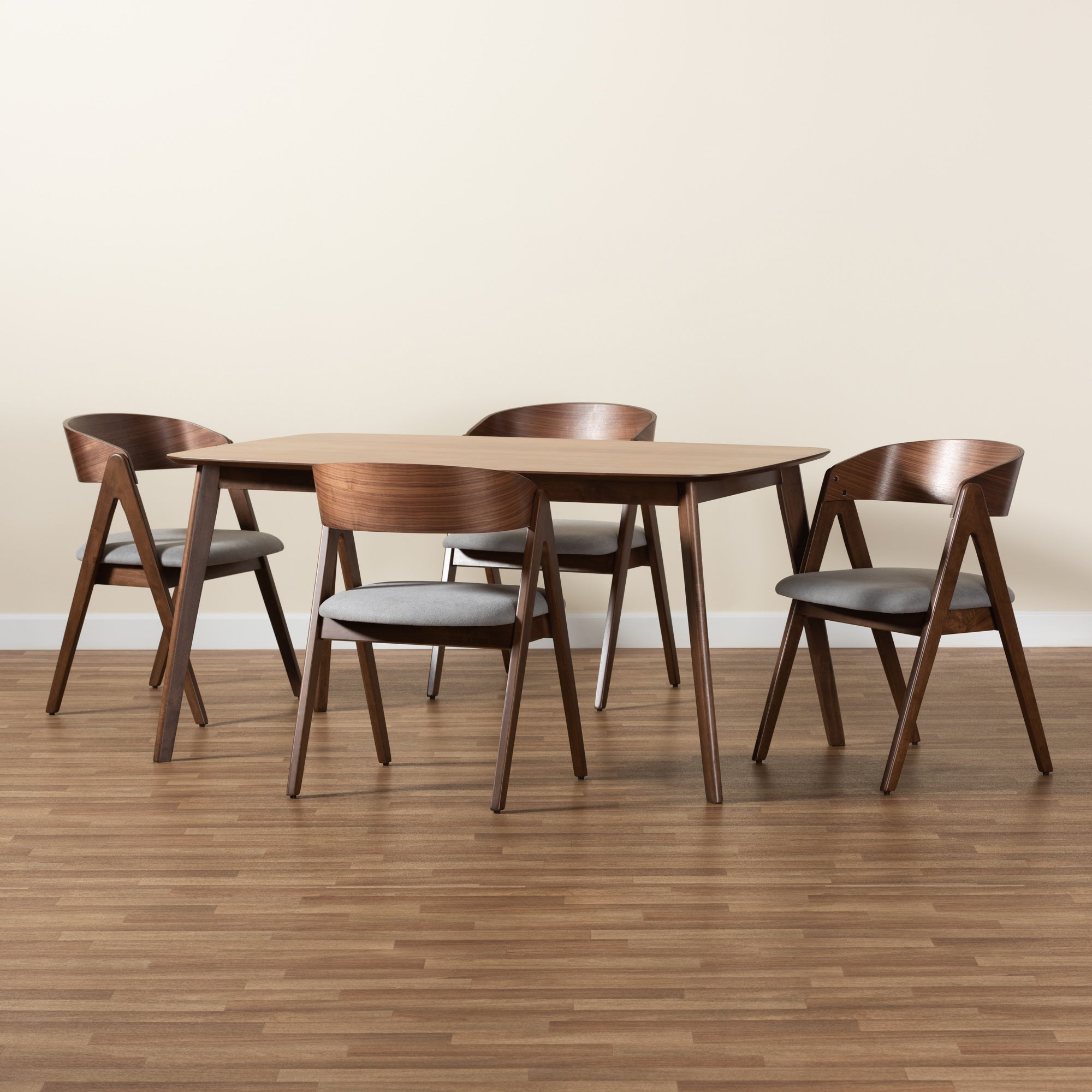 Baxton Studio Danton Mid-Century Modern Grey Fabric Upholstered and Walnut Brown Finished Wood 5-Piece Dining Set
