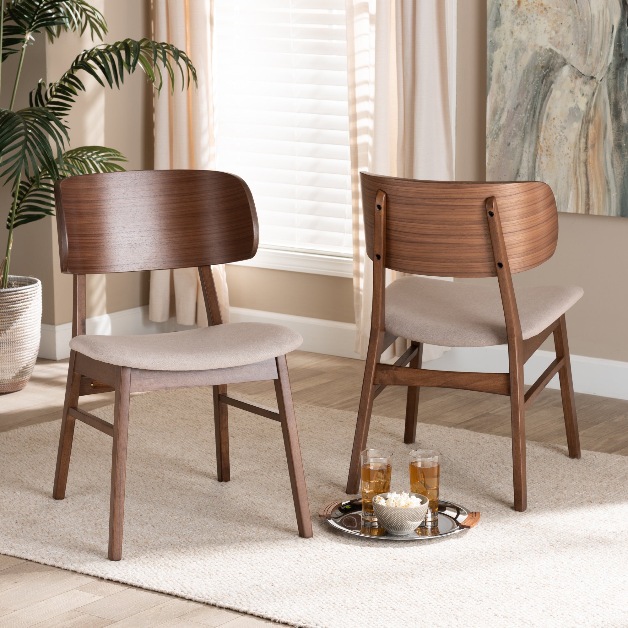 Baxton Studio Alston Mid-Century Modern Beige Fabric Upholstered and Walnut Brown Finished Wood 2-Piece Dining Chair Set
