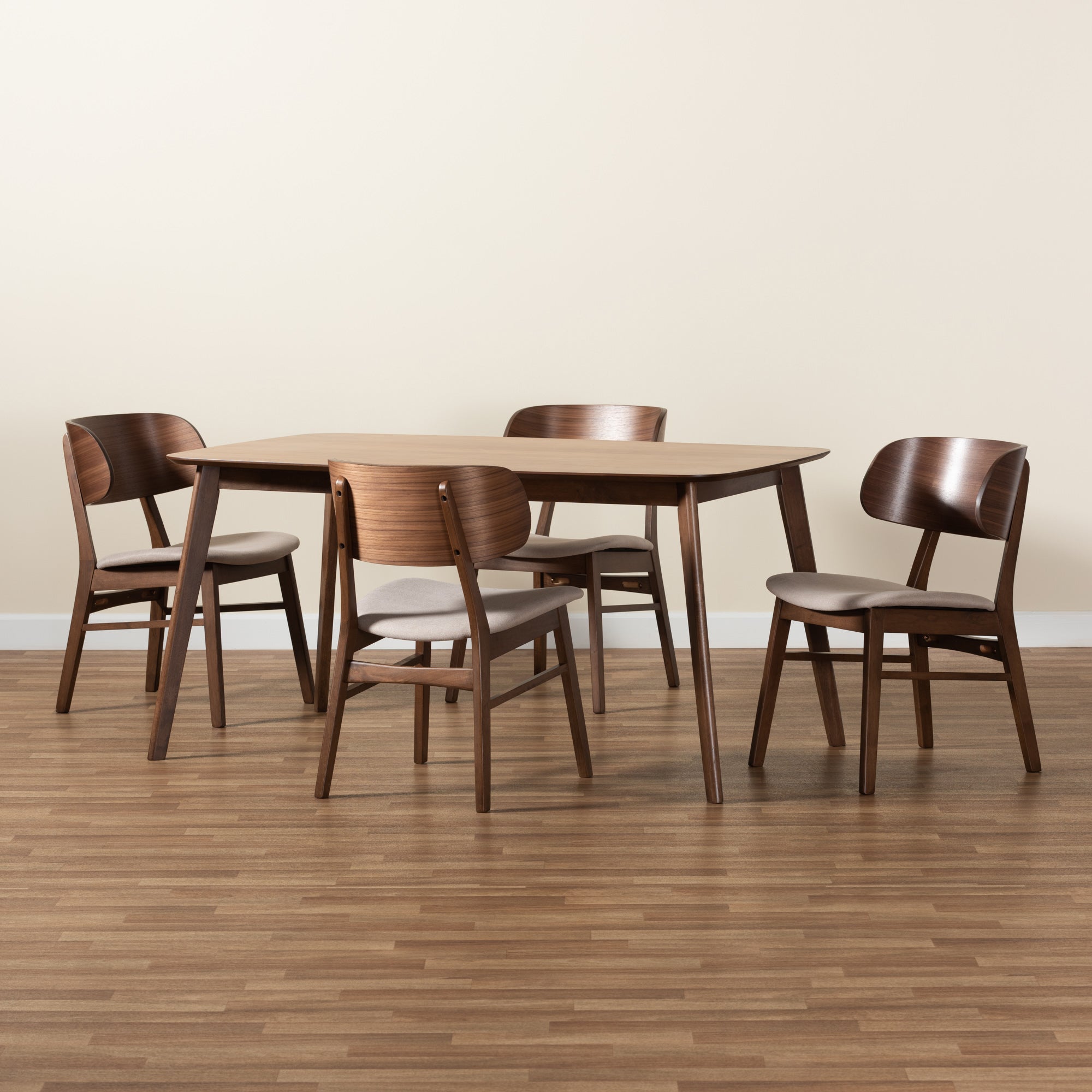 Baxton Studio Alston Mid-Century Modern Beige Fabric Upholstered and Walnut Brown Finished Wood 5-Piece Dining Set