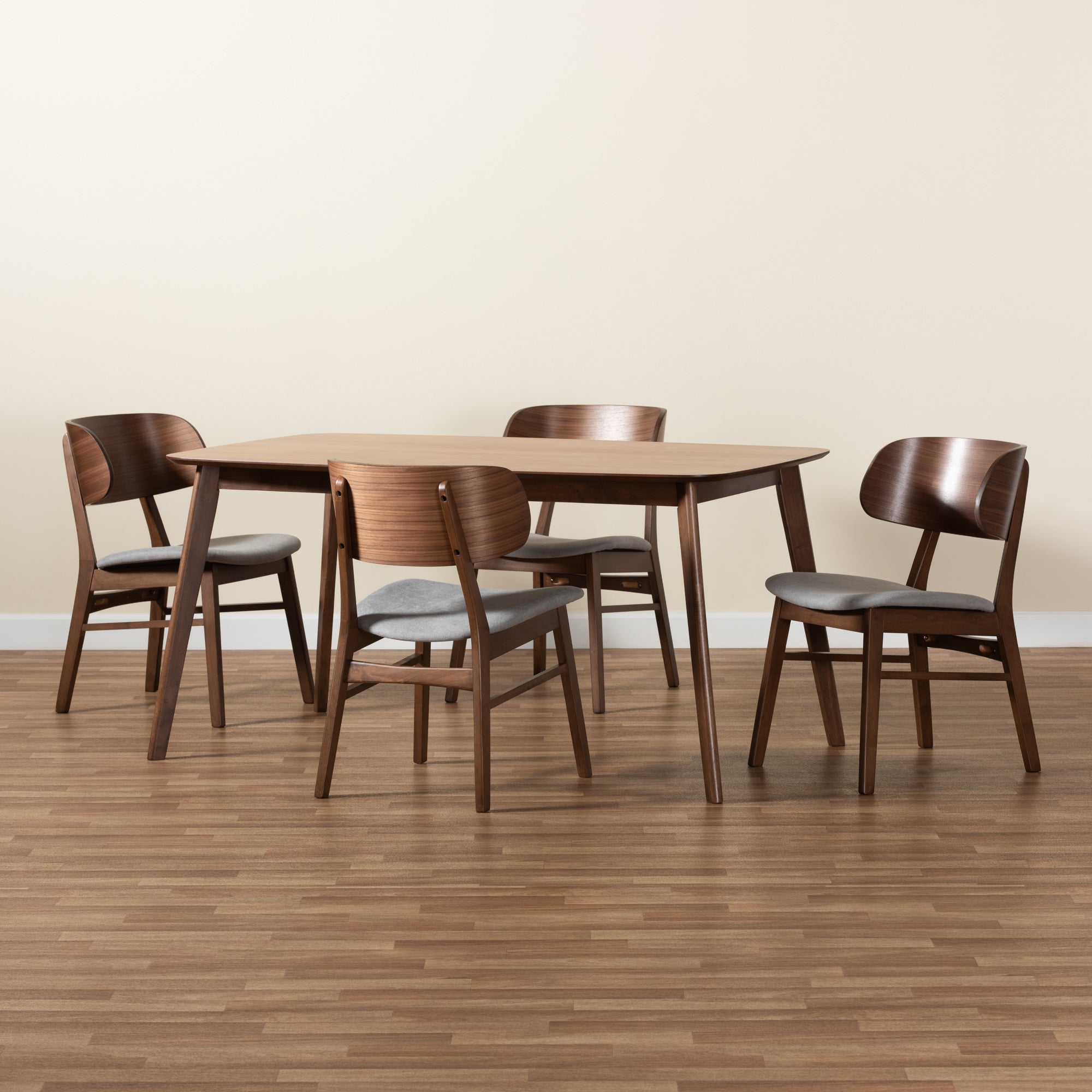 Baxton Studio Alston Mid-Century Modern Grey Fabric Upholstered and Walnut Brown Finished Wood 5-Piece Dining Set