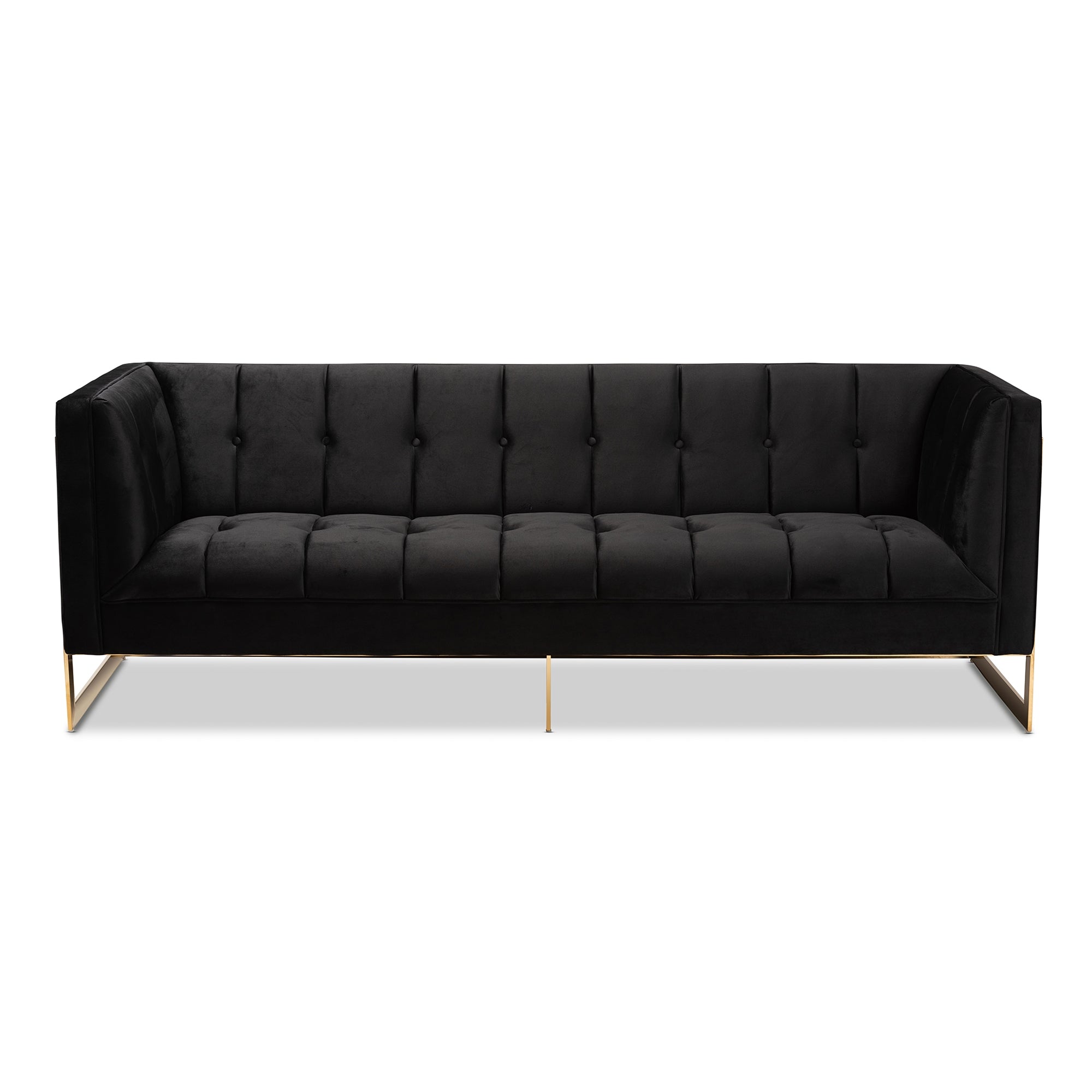 Baxton Studio Ambra Glam and Luxe Black Velvet Upholstered and Button Tufted Sofa with Gold-Tone Frame