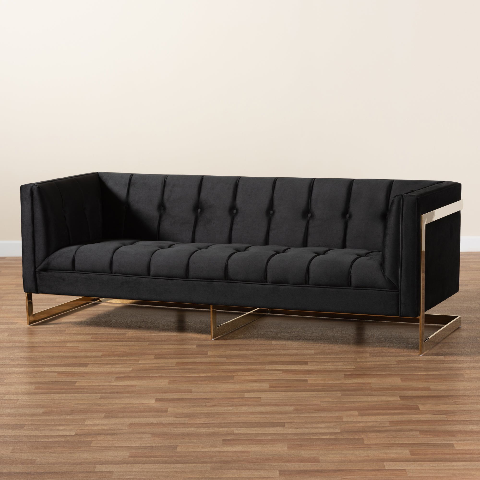 Baxton Studio Ambra Glam and Luxe Black Velvet Upholstered and Button Tufted Sofa with Gold-Tone Frame