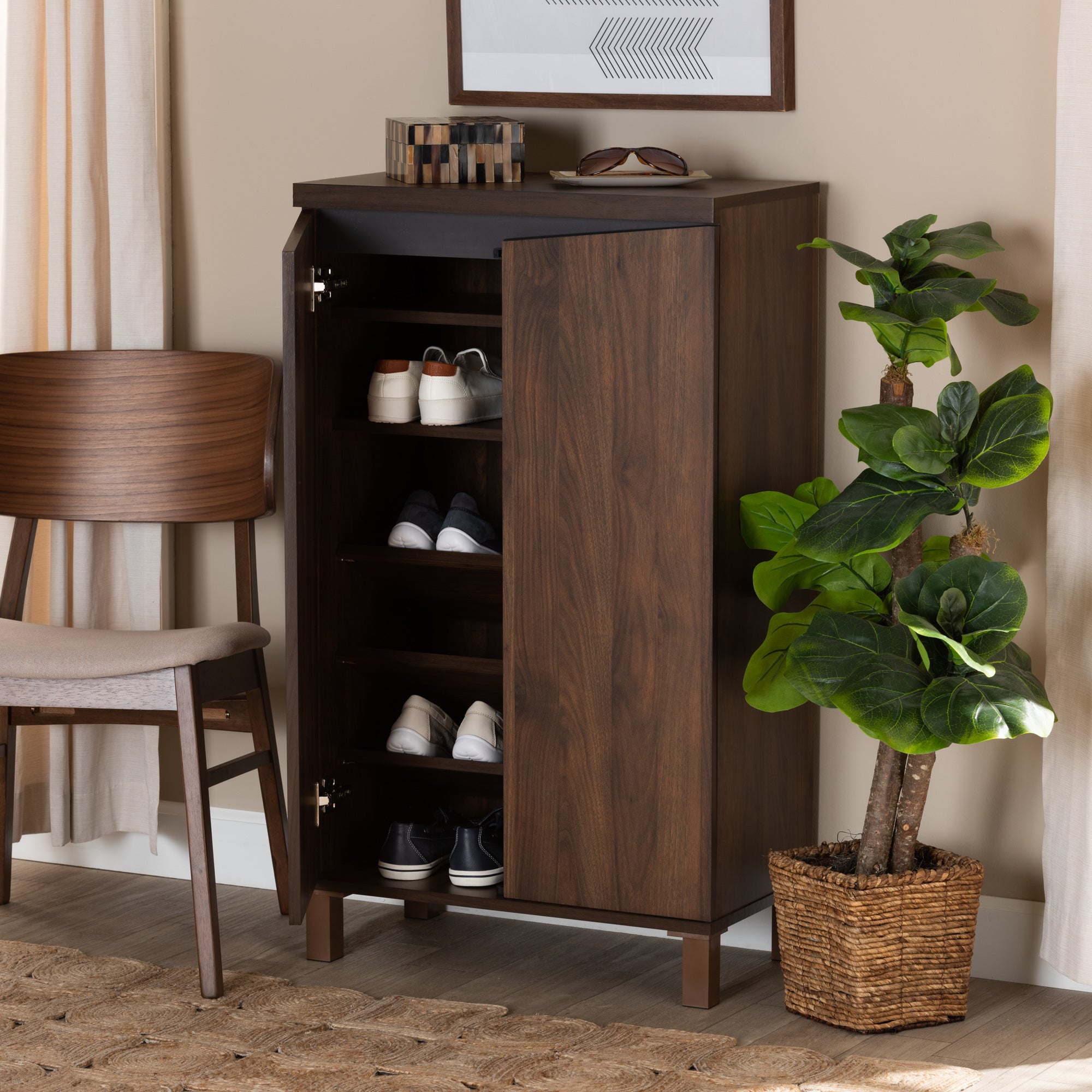 Baxton Studio Talon Modern and Contemporary Two-Tone Walnut Brown and Dark Grey Finished Wood 2-Door Shoe Storage Cabinet